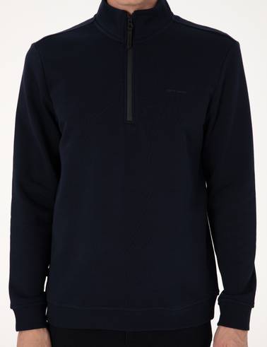 Lacivert 3 İplik Regular Fit Fermuarlı Dik Yaka Basic Sweatshirt
