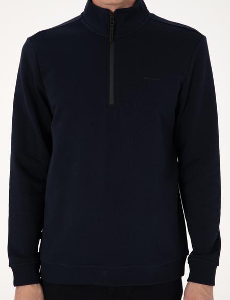 Lacivert 3 İplik Regular Fit Fermuarlı Dik Yaka Basic Sweatshirt - 50314044027