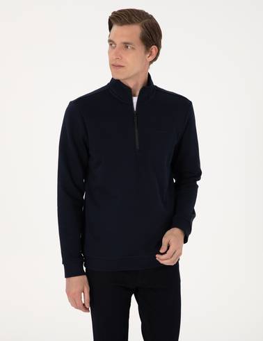 Lacivert 3 İplik Regular Fit Fermuarlı Dik Yaka Basic Sweatshirt