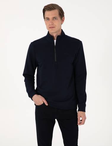 Lacivert 3 İplik Regular Fit Fermuarlı Dik Yaka Basic Sweatshirt