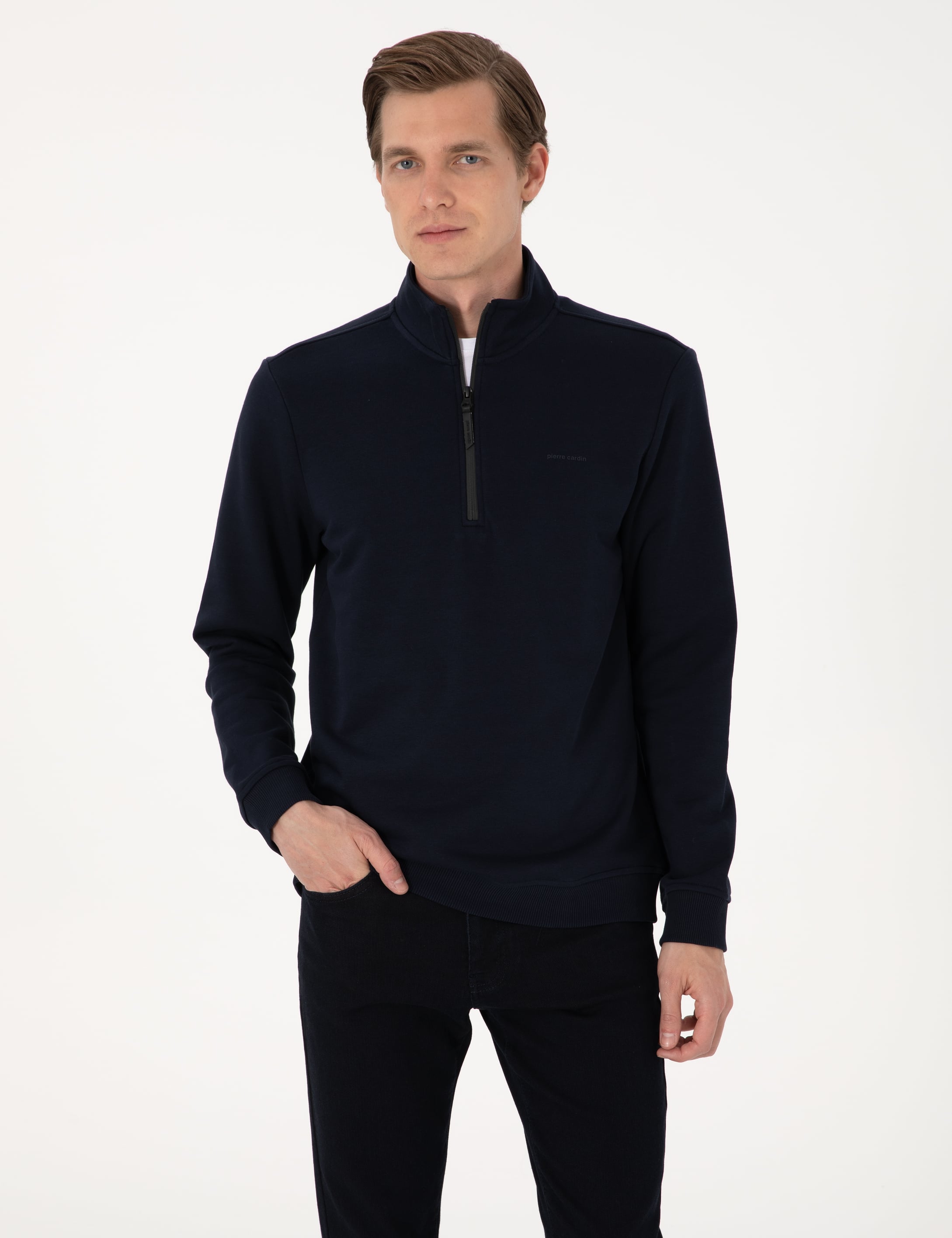 Lacivert 3 İplik Regular Fit Fermuarlı Dik Yaka Basic Sweatshirt