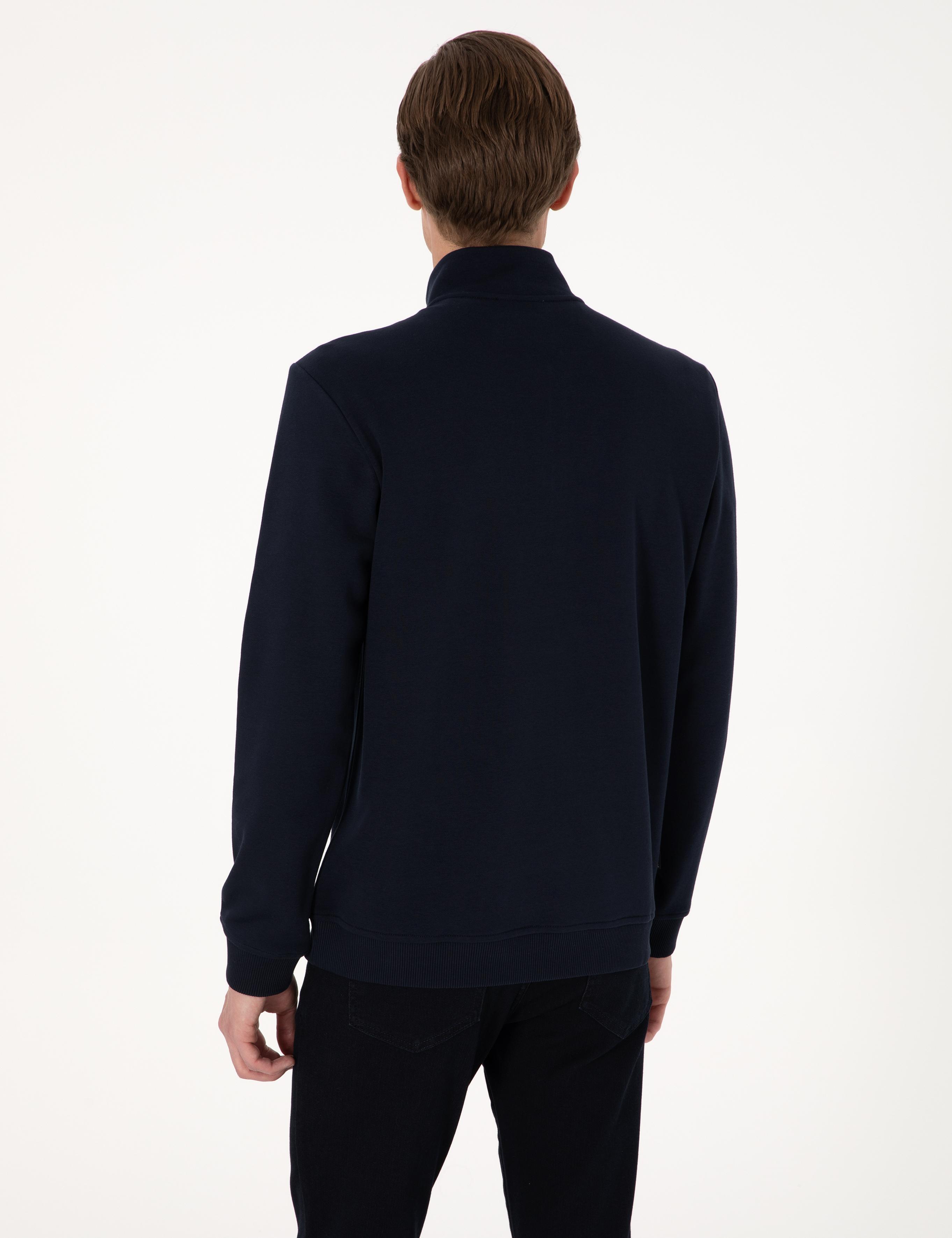 Lacivert 3 İplik Regular Fit Fermuarlı Dik Yaka Basic Sweatshirt