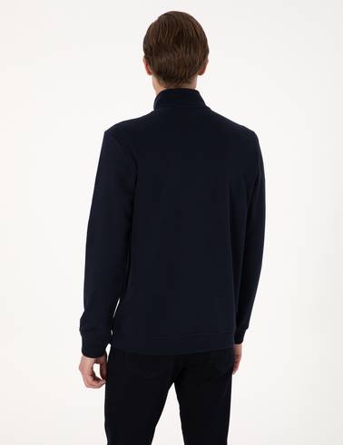 Lacivert 3 İplik Regular Fit Fermuarlı Dik Yaka Basic Sweatshirt