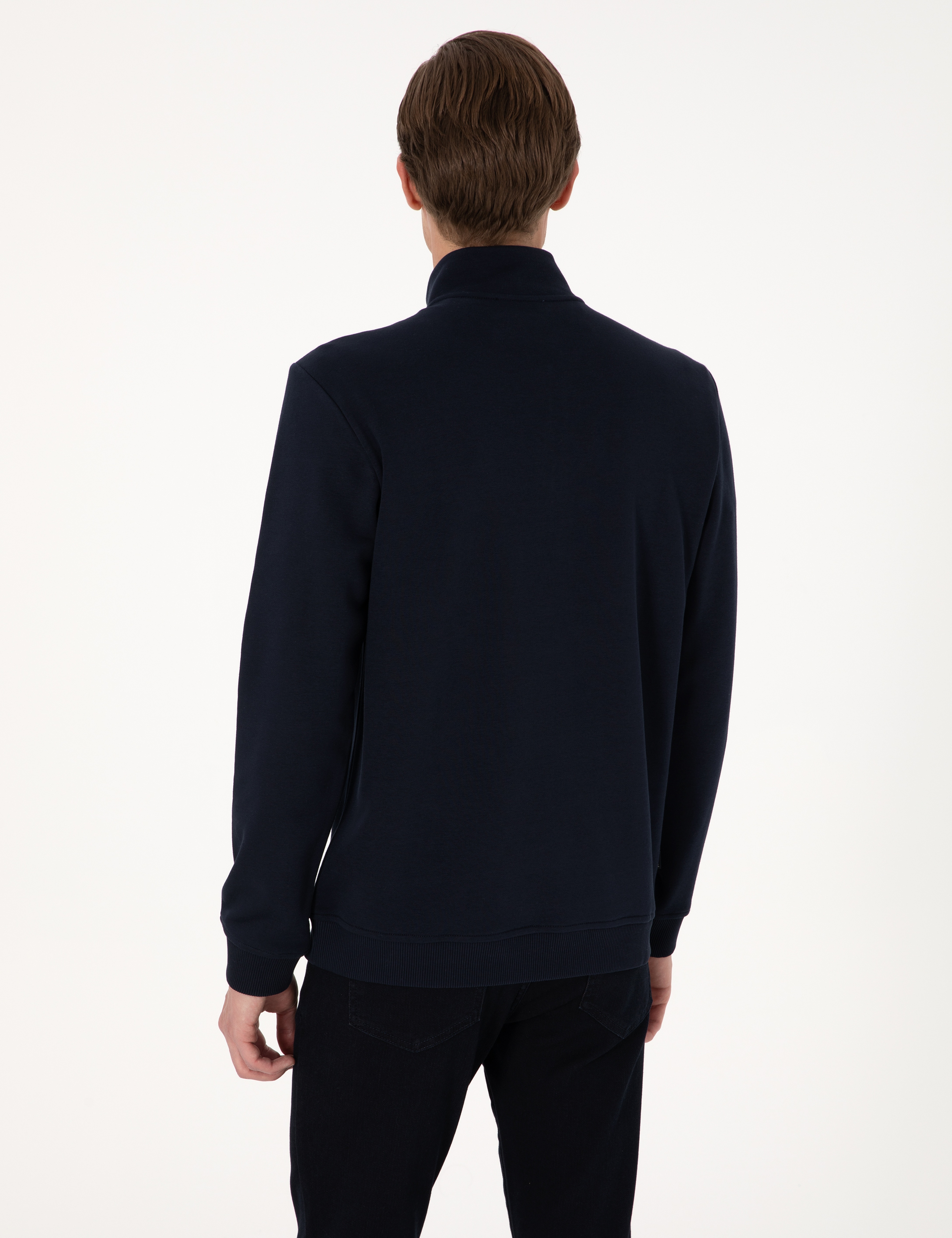 Lacivert 3 İplik Regular Fit Fermuarlı Dik Yaka Basic Sweatshirt