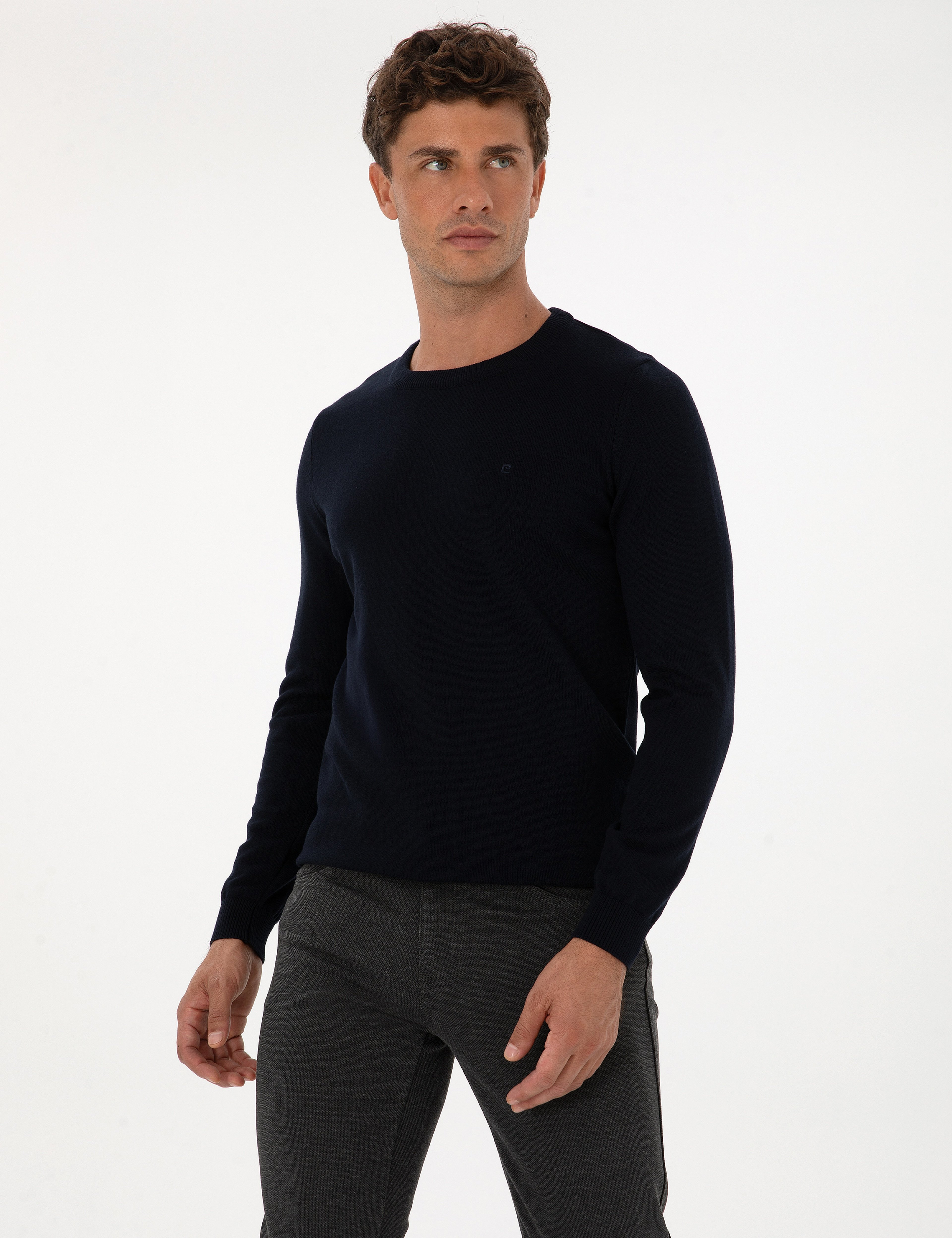 Lacivert Slim Fit Bisiklet Yaka Basic Triko Kazak