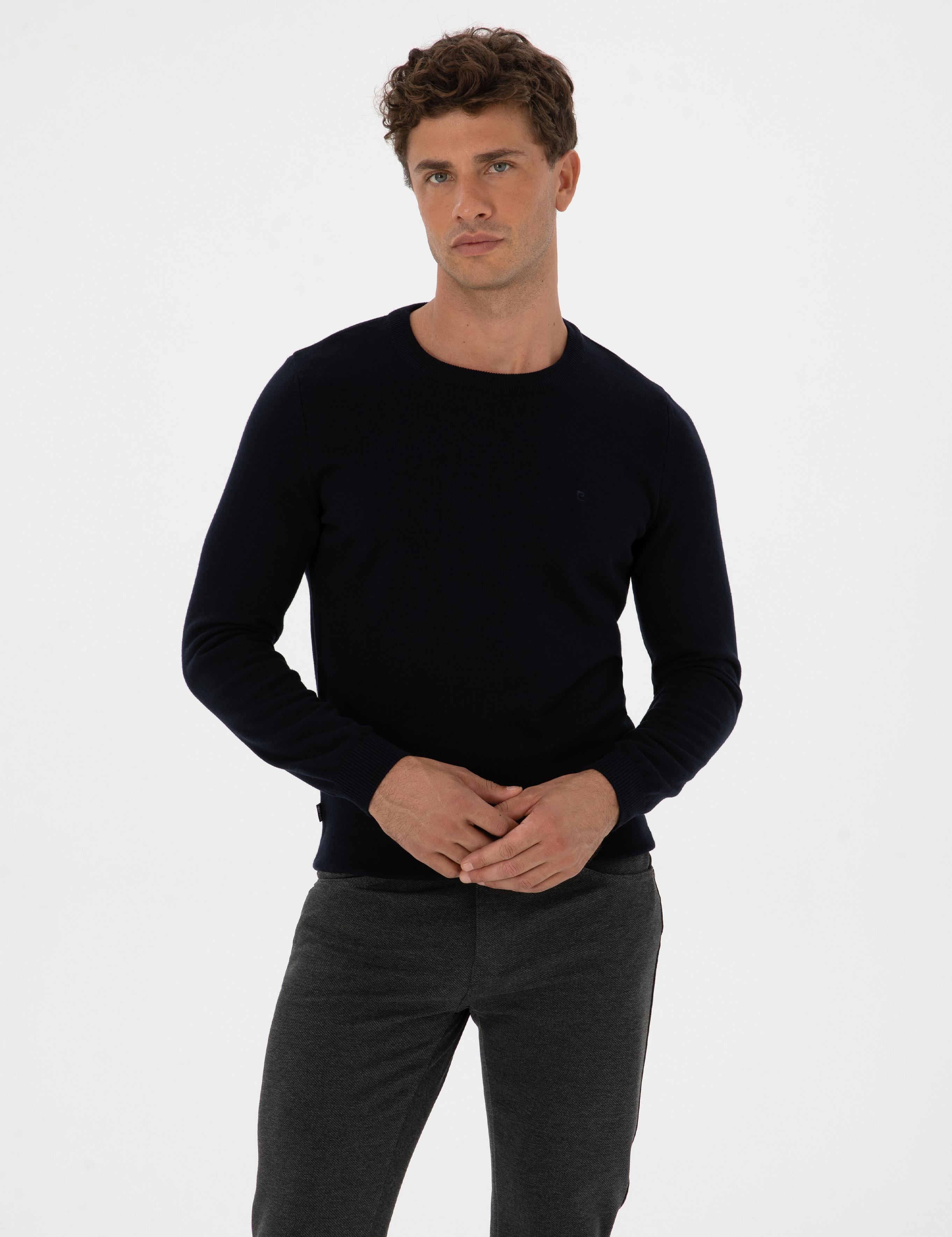 Lacivert Slim Fit Bisiklet Yaka Basic Triko Kazak