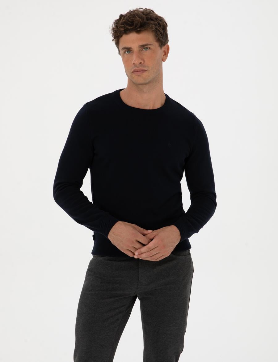 Lacivert Slim Fit Bisiklet Yaka Basic Triko Kazak