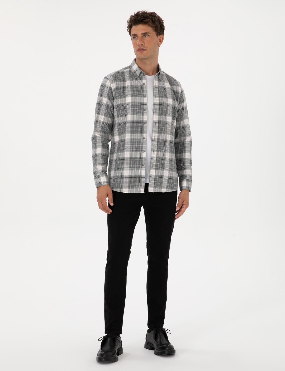 Gri Regular Fit Ekose Uzun Kollu Spor Gömlek - 50311114019