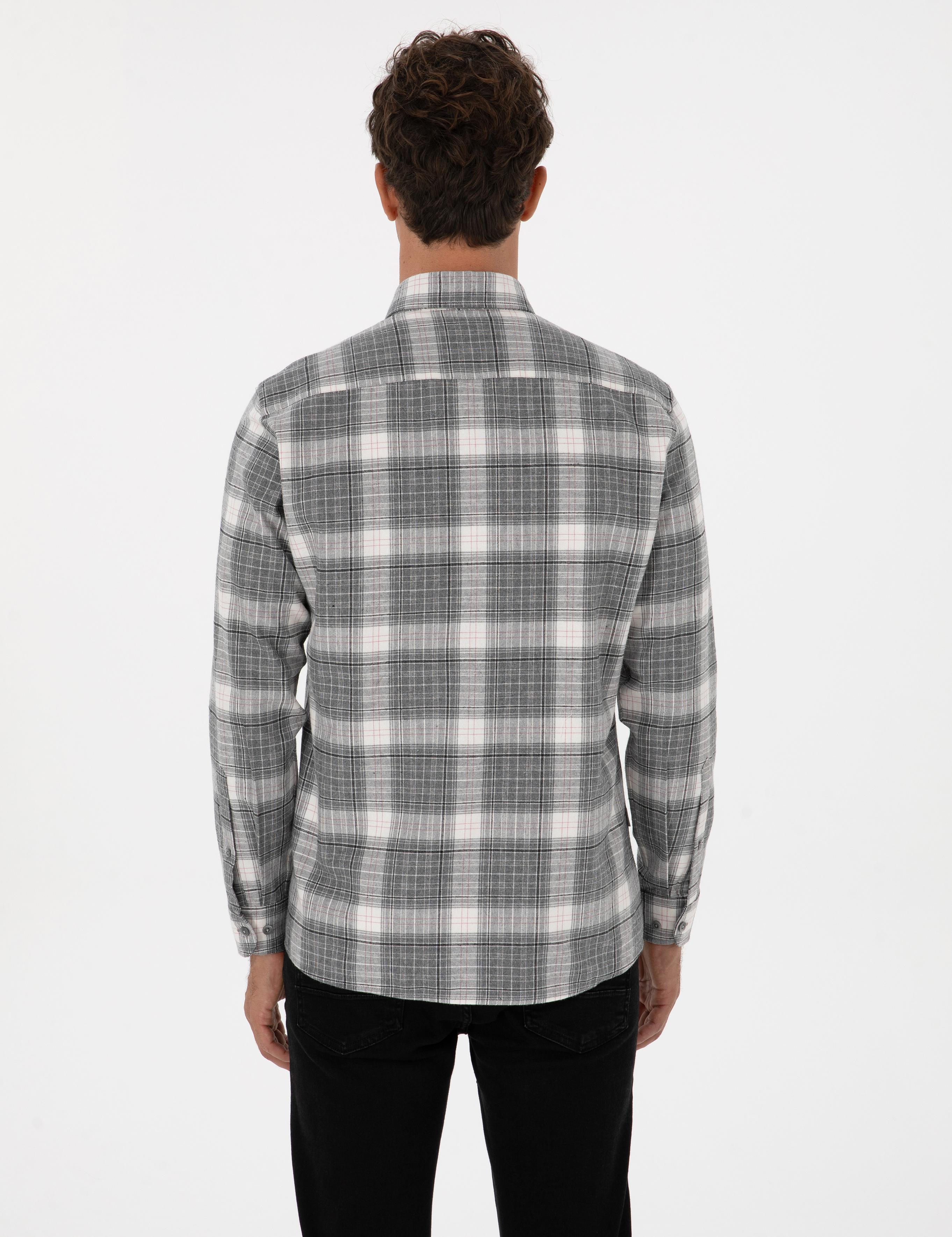 Gri Regular Fit Ekose Uzun Kollu Spor Gömlek