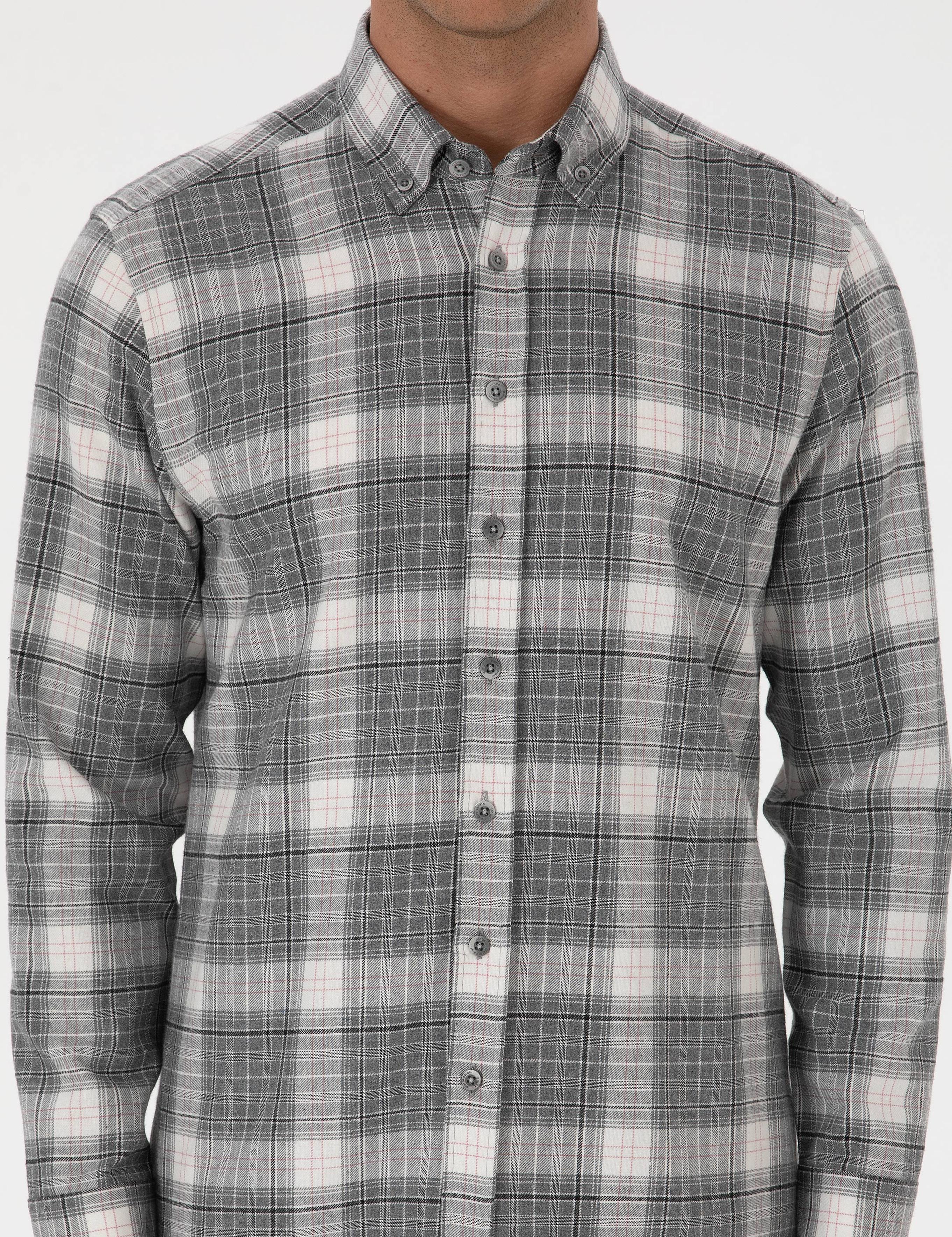 Gri Regular Fit Ekose Uzun Kollu Spor Gömlek