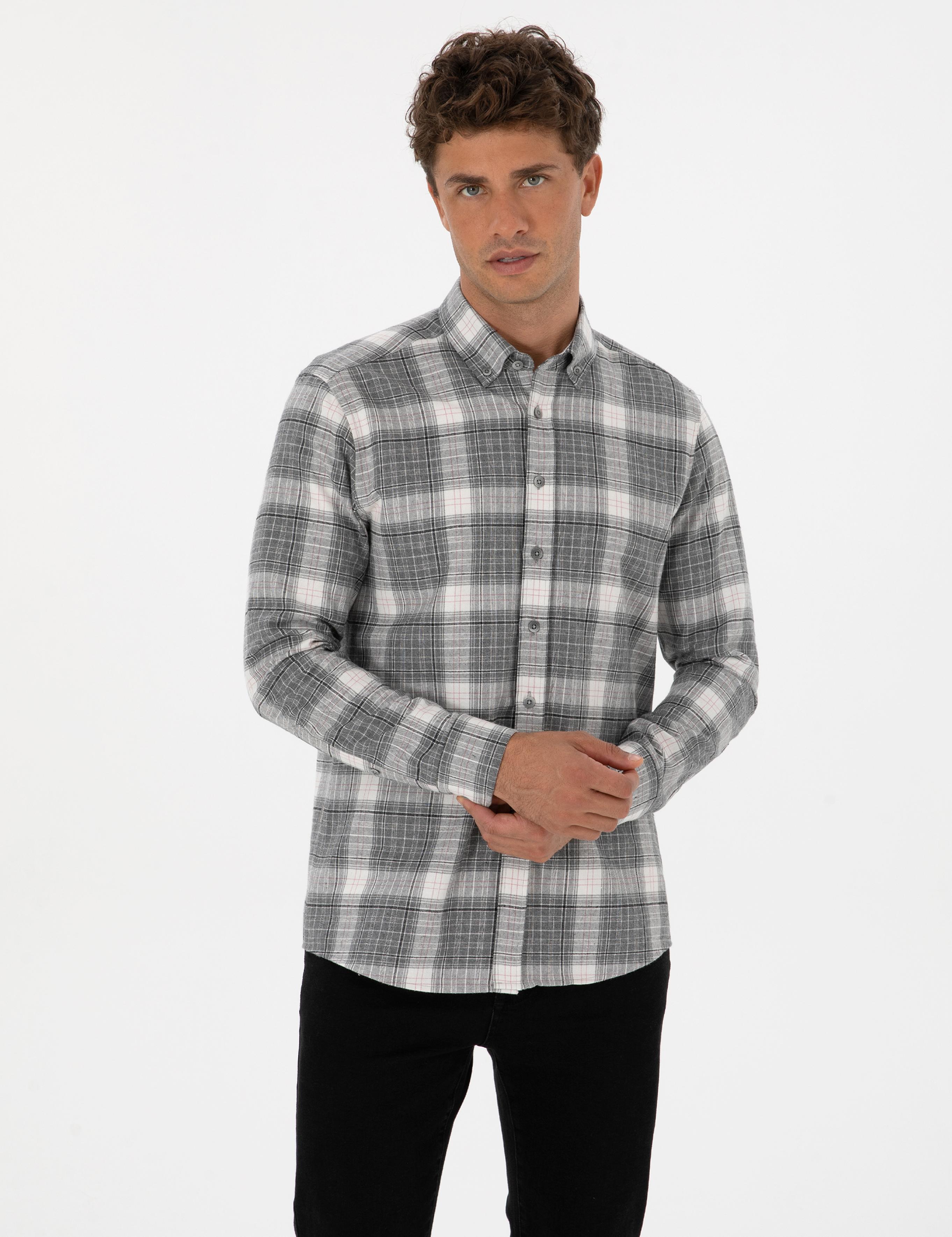 Gri Regular Fit Ekose Uzun Kollu Spor Gömlek