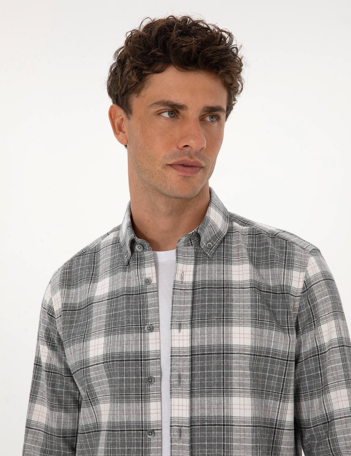 Gri Regular Fit Ekose Uzun Kollu Spor Gömlek - 50311114019