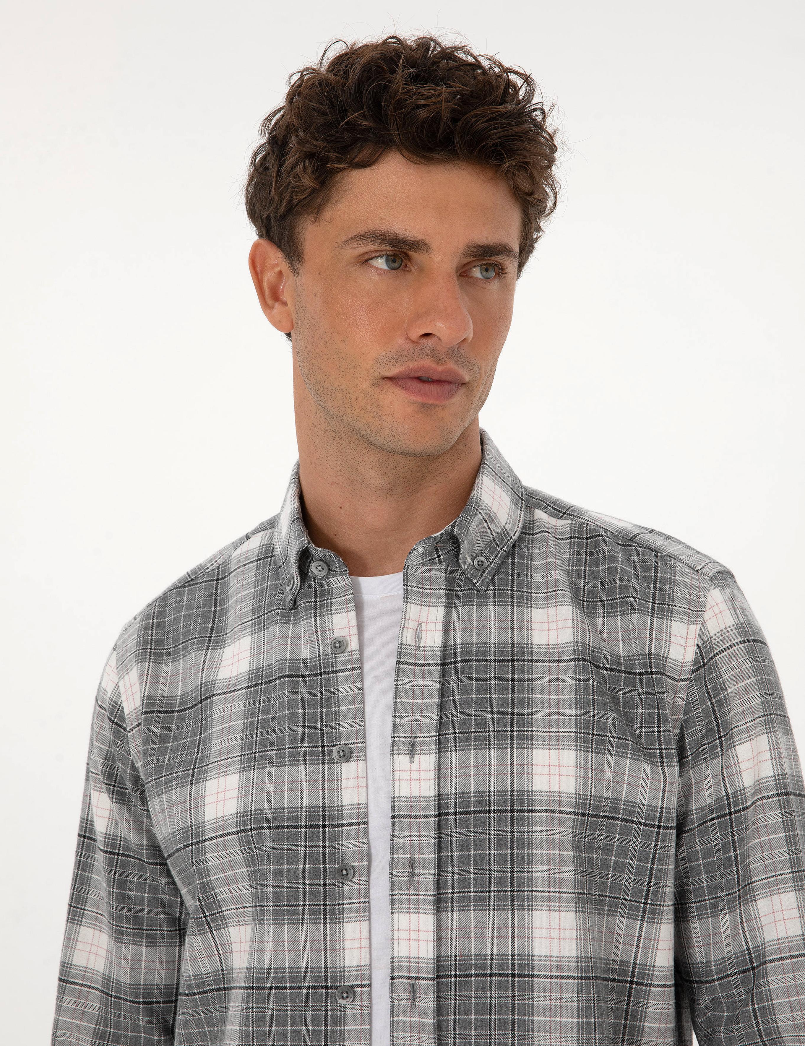 Gri Regular Fit Ekose Uzun Kollu Spor Gömlek