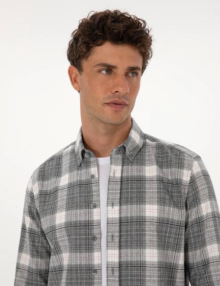 Gri Regular Fit Ekose Uzun Kollu Spor Gömlek - 50311114019