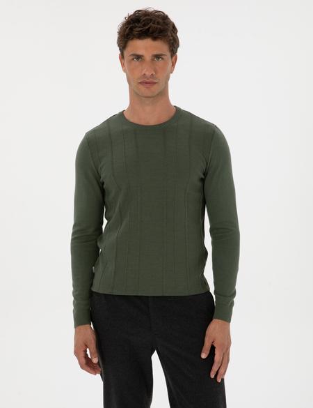 Koyu Haki Slim Fit Bisiklet Yaka Triko Kazak - 50315584017