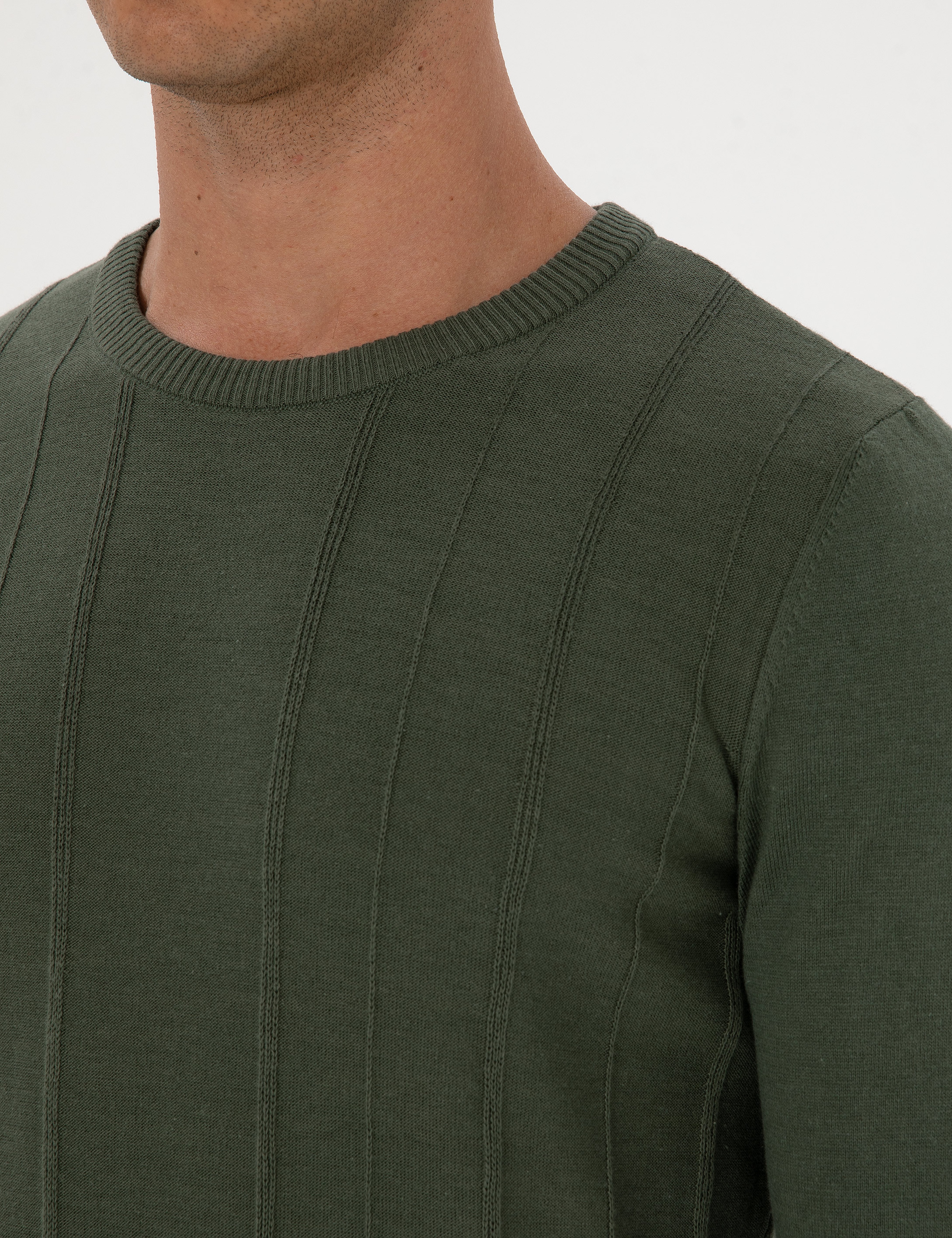 Koyu Haki Slim Fit Bisiklet Yaka Triko Kazak - Image 7