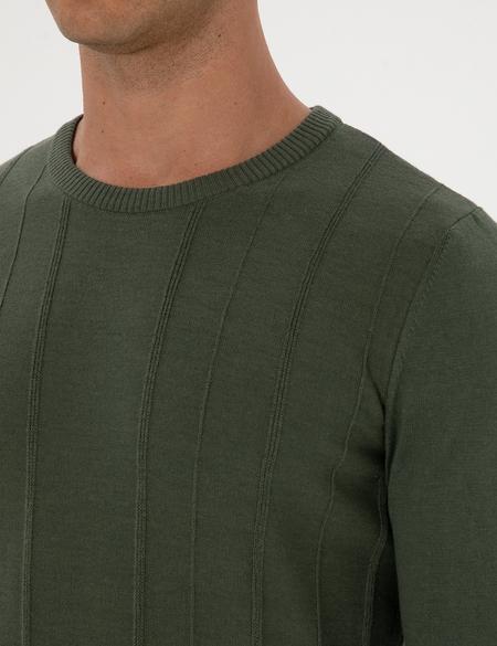 Koyu Haki Slim Fit Bisiklet Yaka Triko Kazak - 50315584017