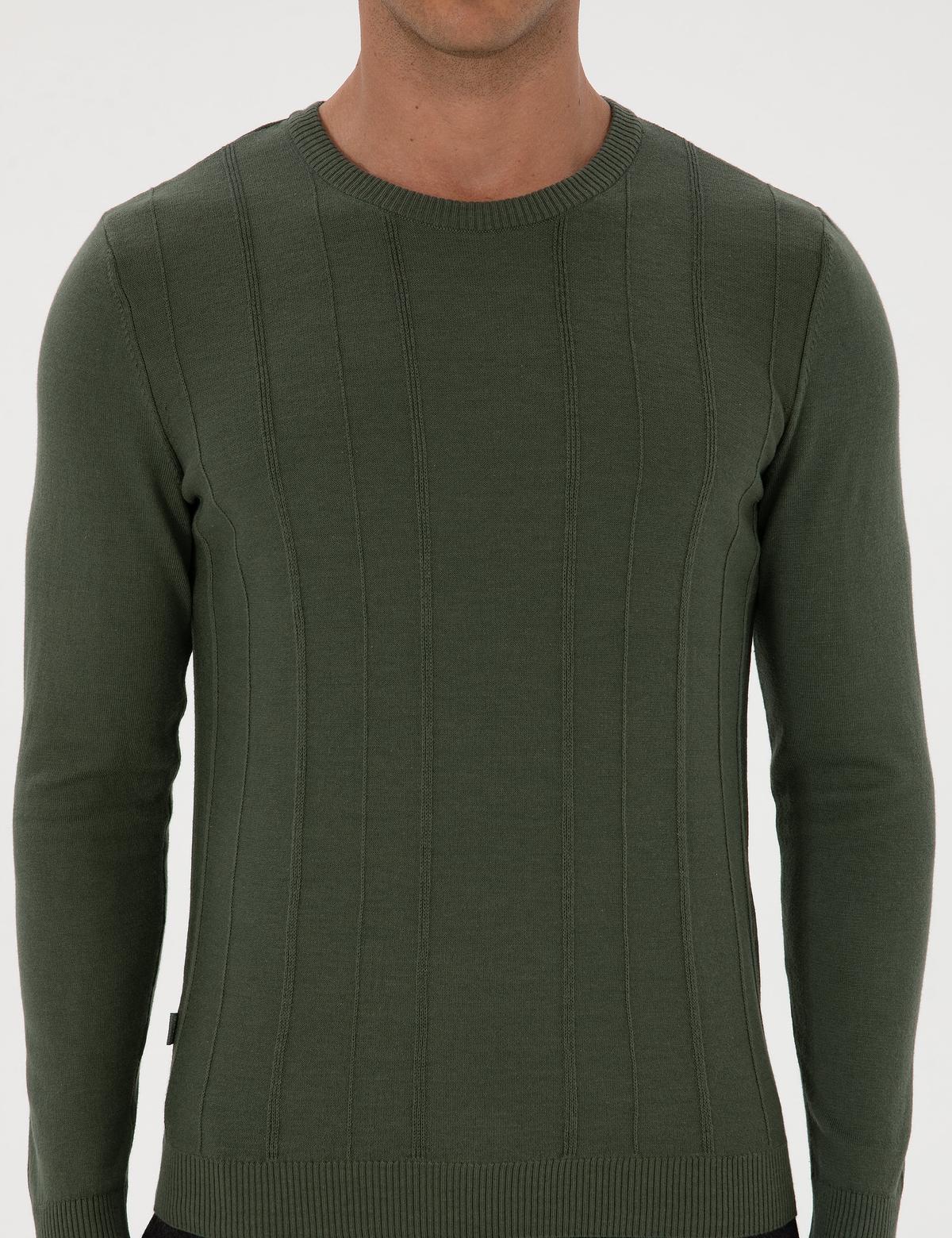 Koyu Haki Slim Fit Bisiklet Yaka Triko Kazak - 50315584017