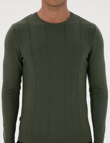 Koyu Haki Slim Fit Bisiklet Yaka Triko Kazak