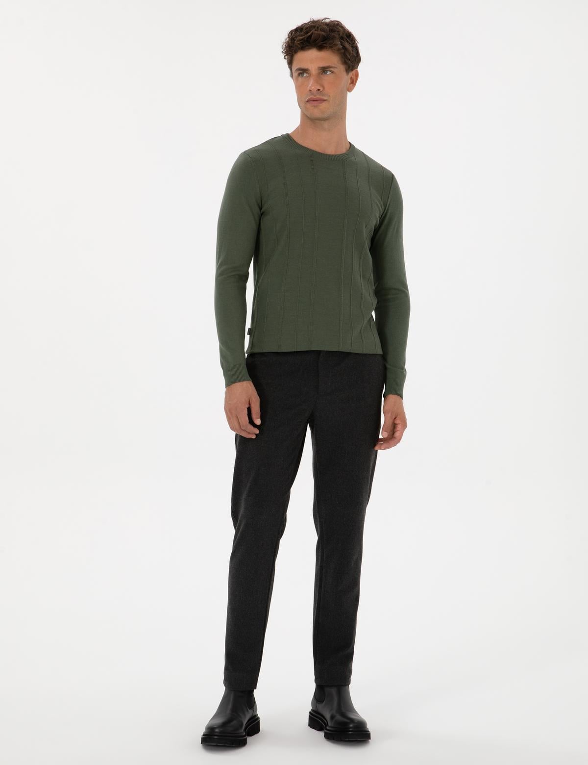 Koyu Haki Slim Fit Bisiklet Yaka Triko Kazak - 50315584017