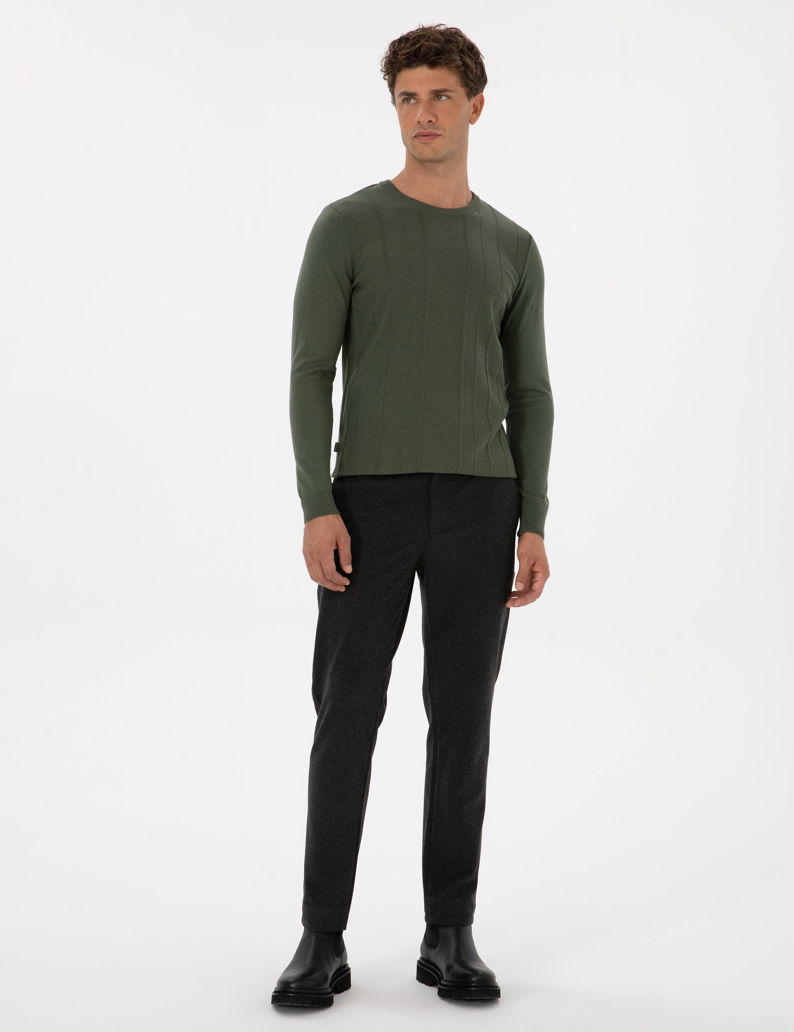 Koyu Haki Slim Fit Bisiklet Yaka Triko Kazak