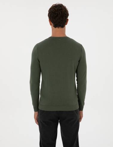 Koyu Haki Slim Fit Bisiklet Yaka Triko Kazak