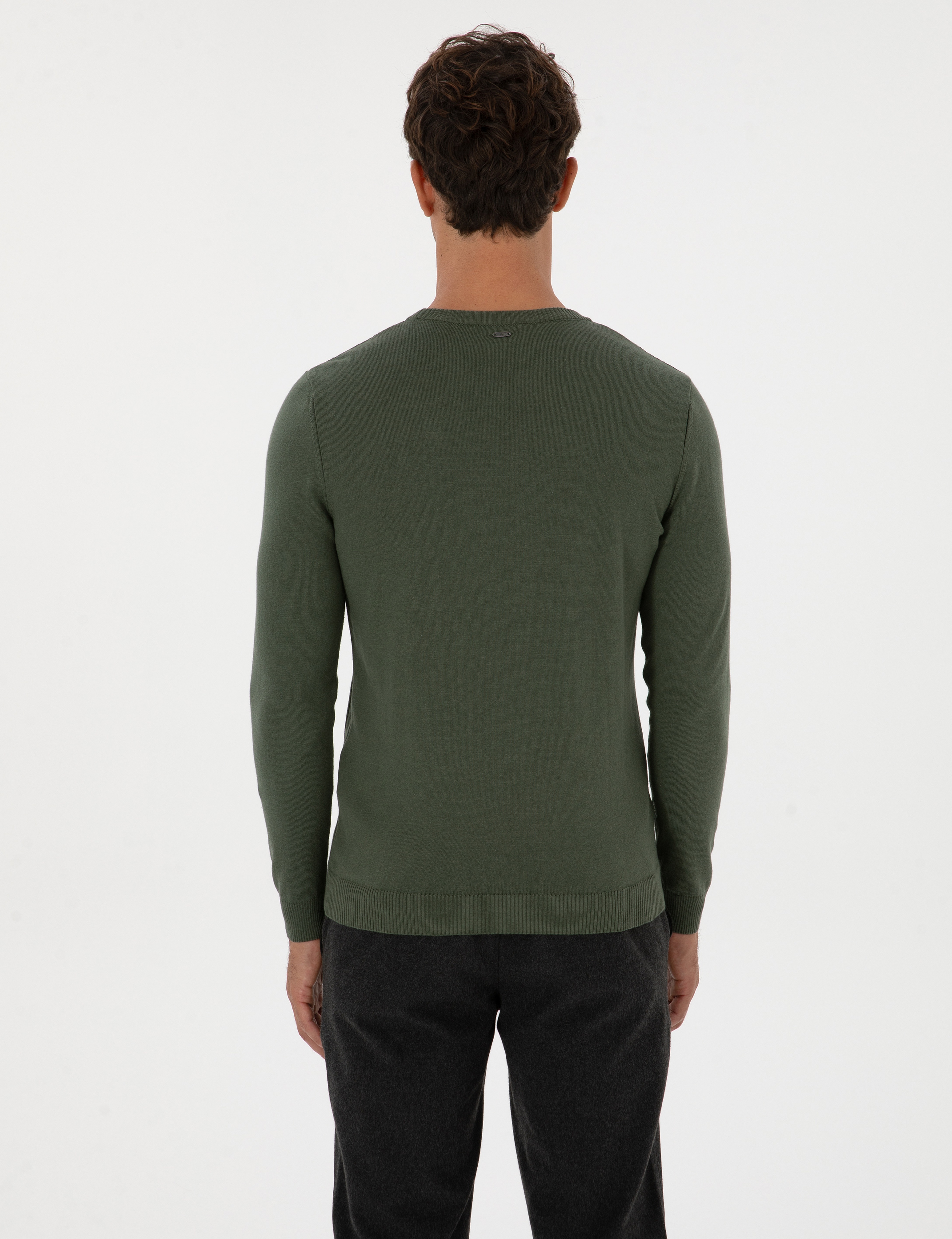 Koyu Haki Slim Fit Bisiklet Yaka Triko Kazak