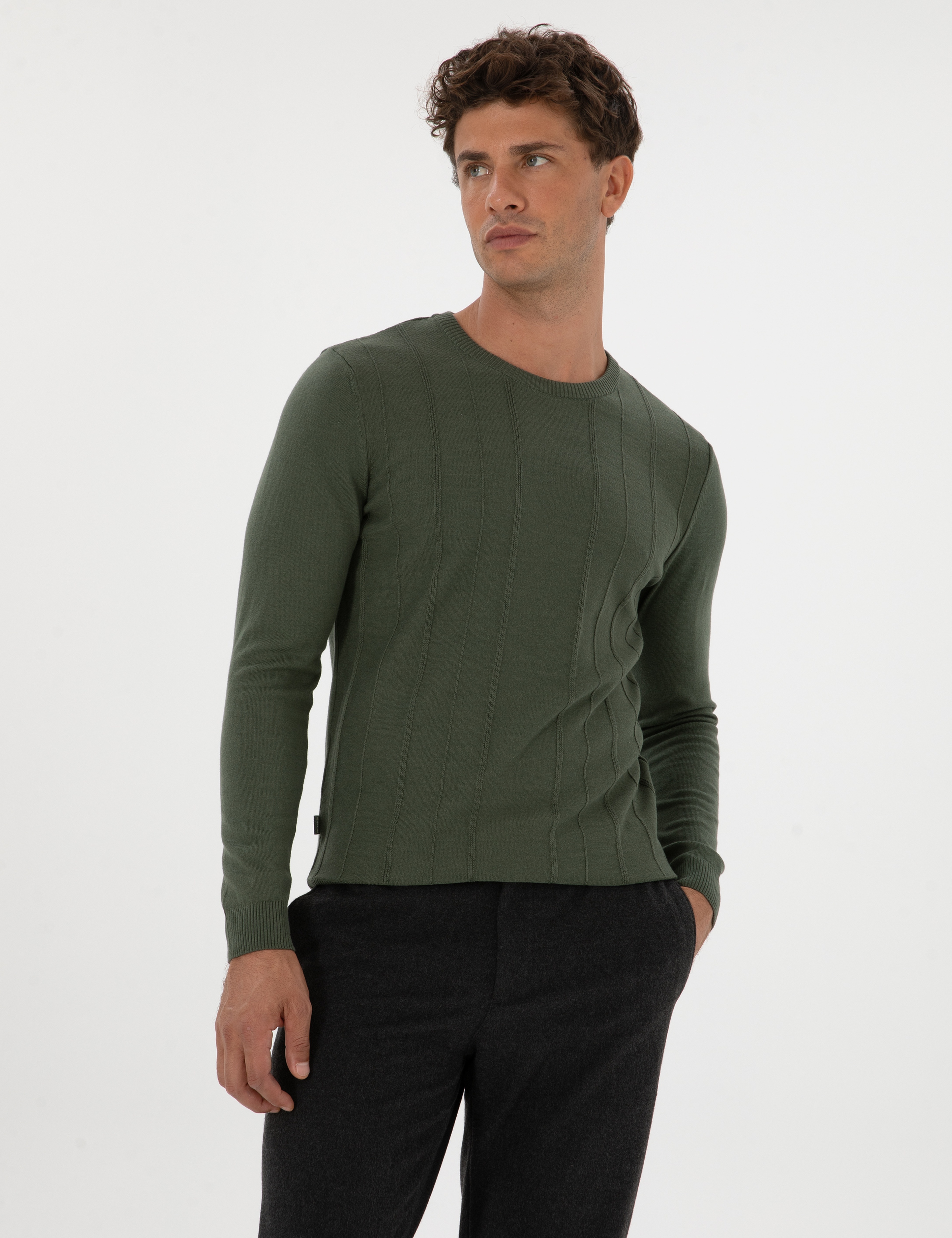 Koyu Haki Slim Fit Bisiklet Yaka Triko Kazak