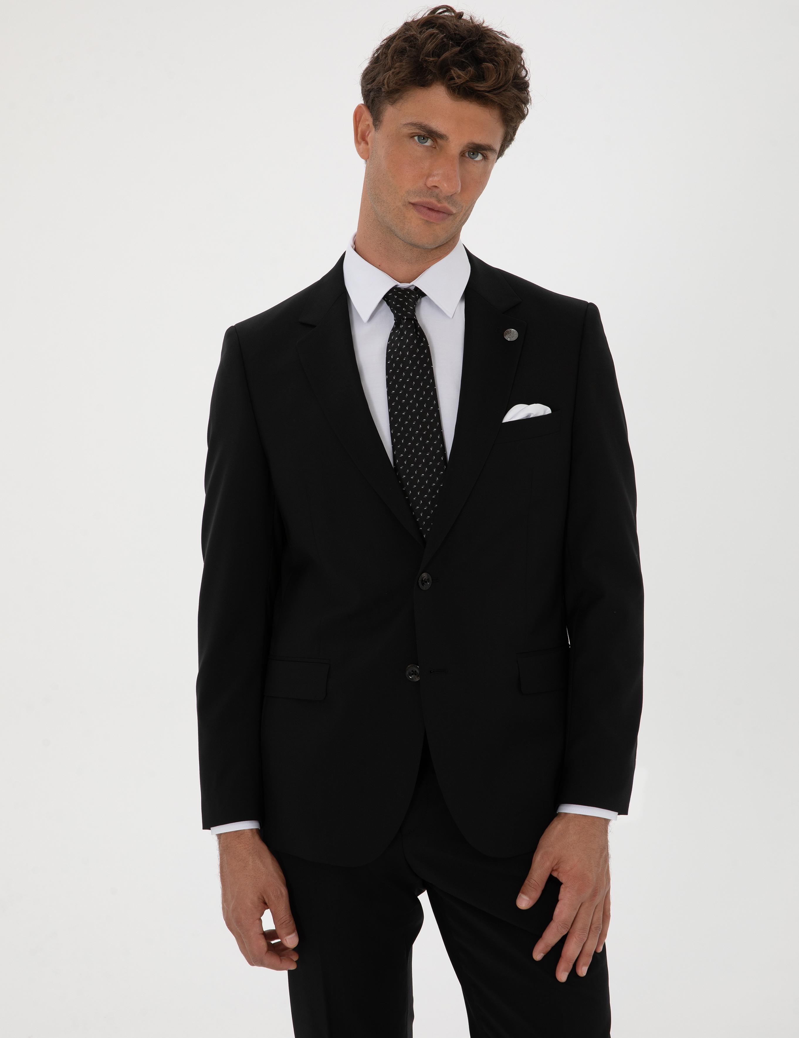 Siyah Slim Fit %100 Yün Takım Elbise