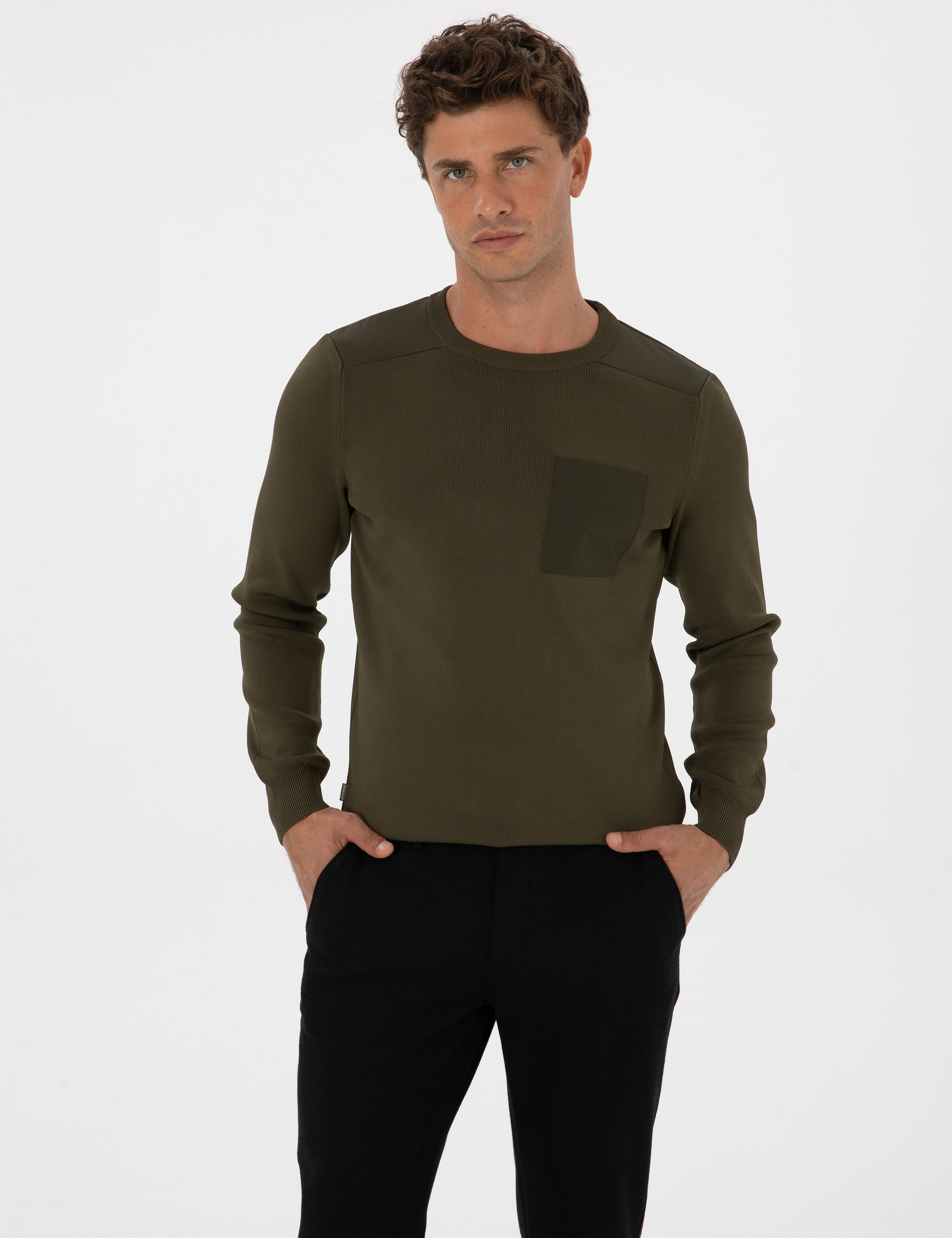 Koyu Haki Regular Fit Bisiklet Yaka Triko Kazak - Image 1