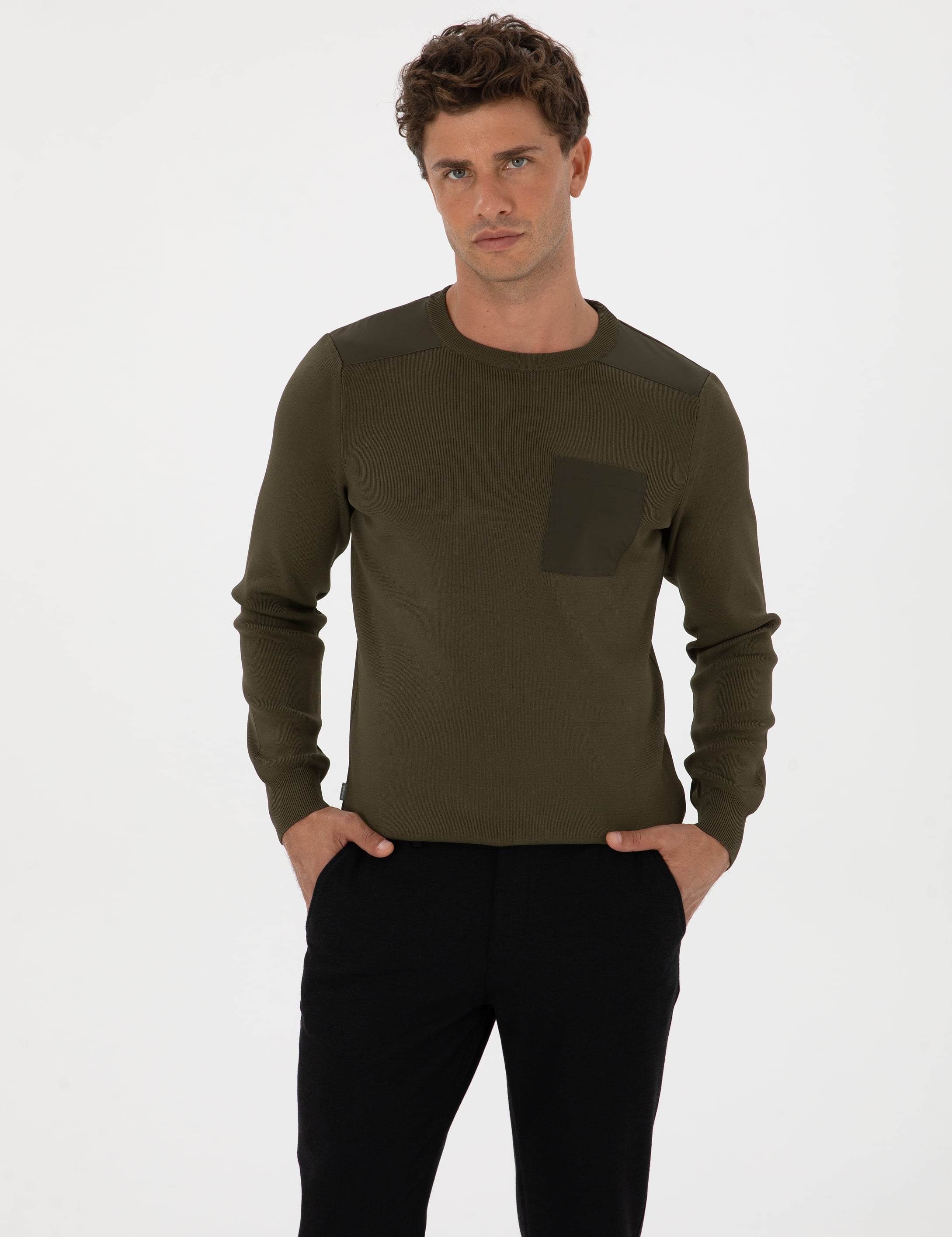 Koyu Haki Regular Fit Bisiklet Yaka Triko Kazak