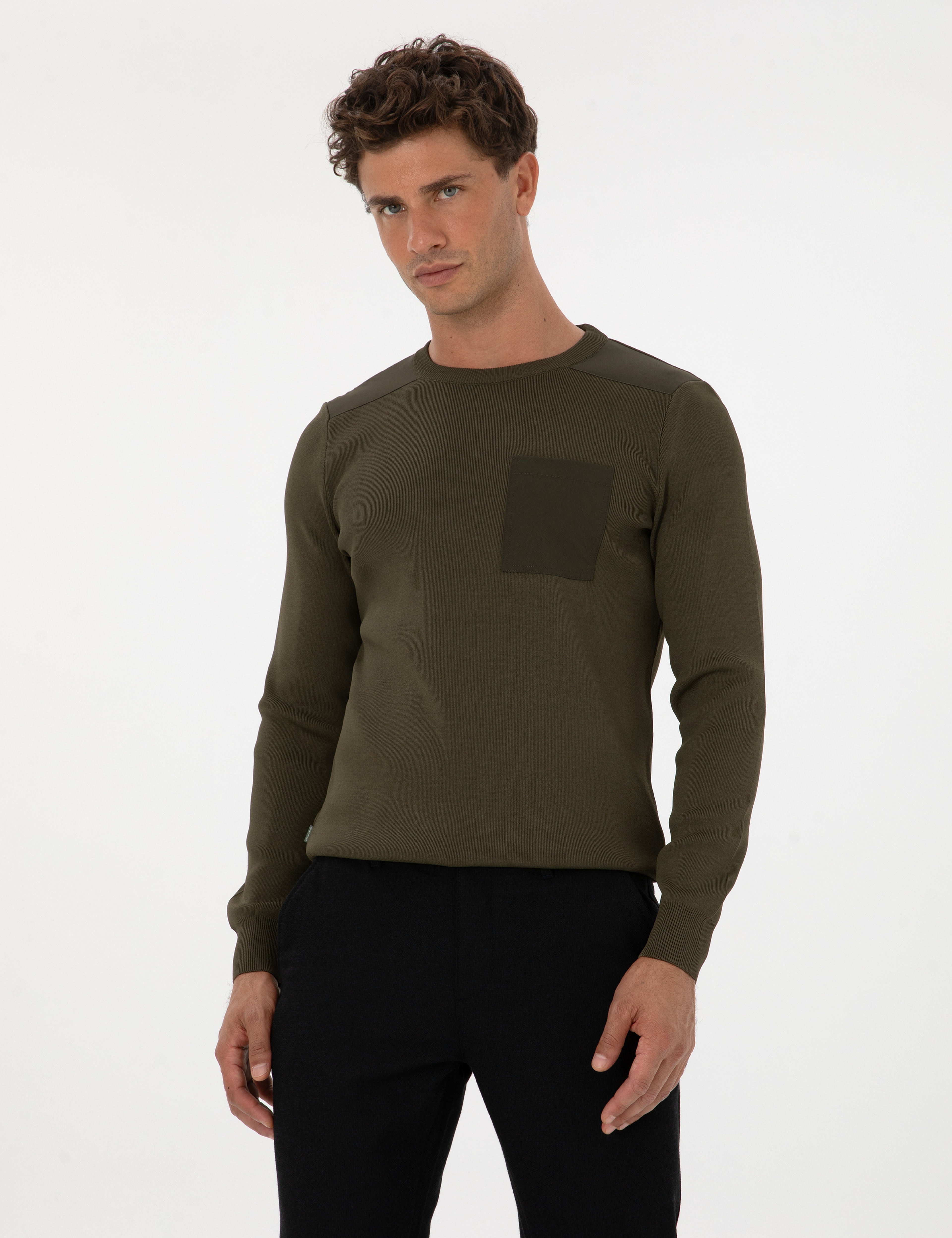 Koyu Haki Regular Fit Bisiklet Yaka Triko Kazak