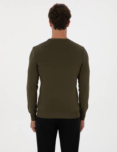 Koyu Haki Regular Fit Bisiklet Yaka Triko Kazak