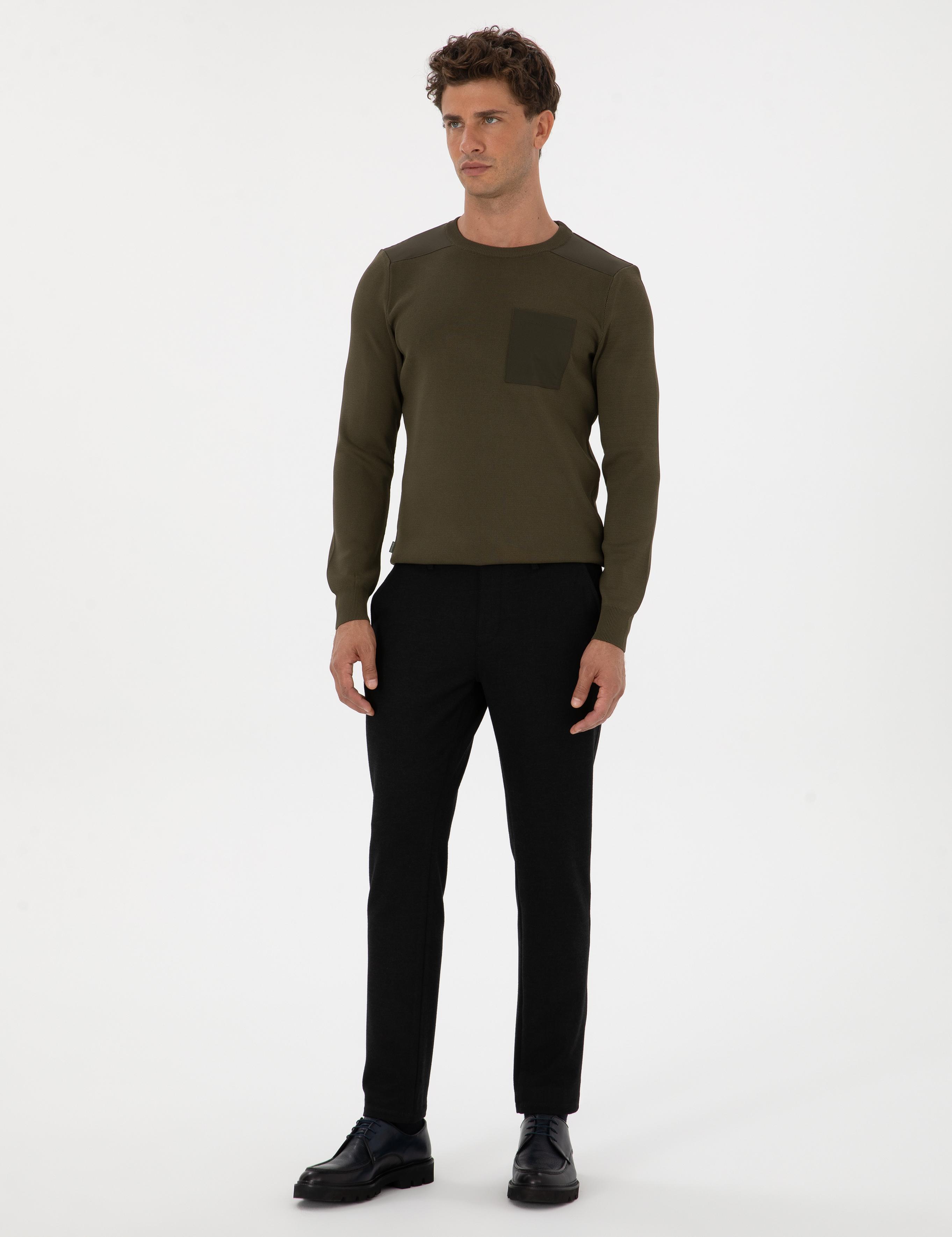 Koyu Haki Regular Fit Bisiklet Yaka Triko Kazak