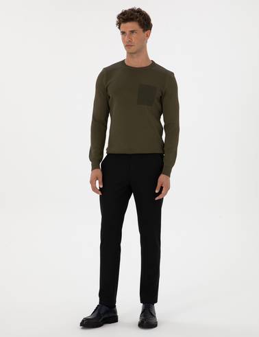 Koyu Haki Regular Fit Bisiklet Yaka Triko Kazak