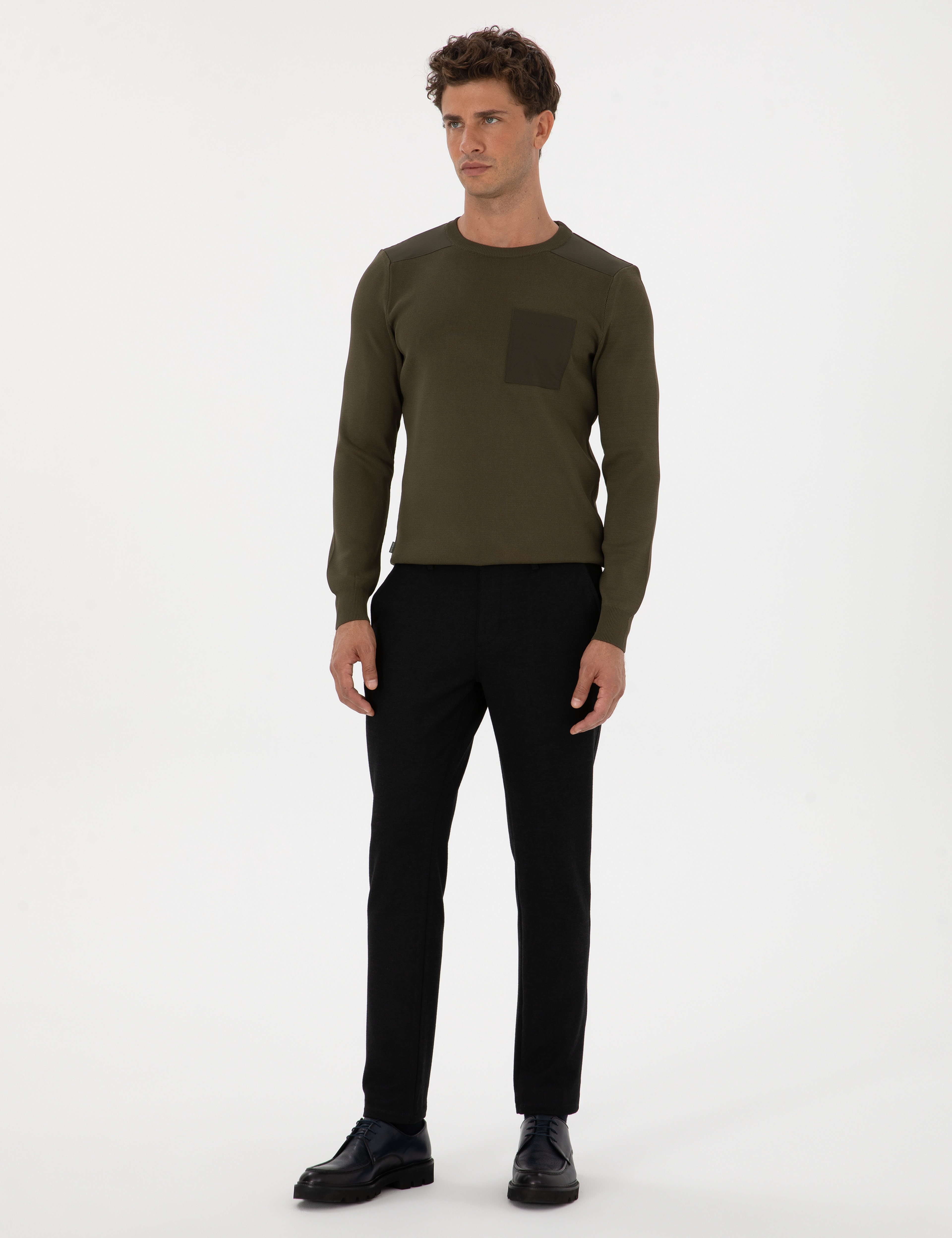 Koyu Haki Regular Fit Bisiklet Yaka Triko Kazak - Image 4