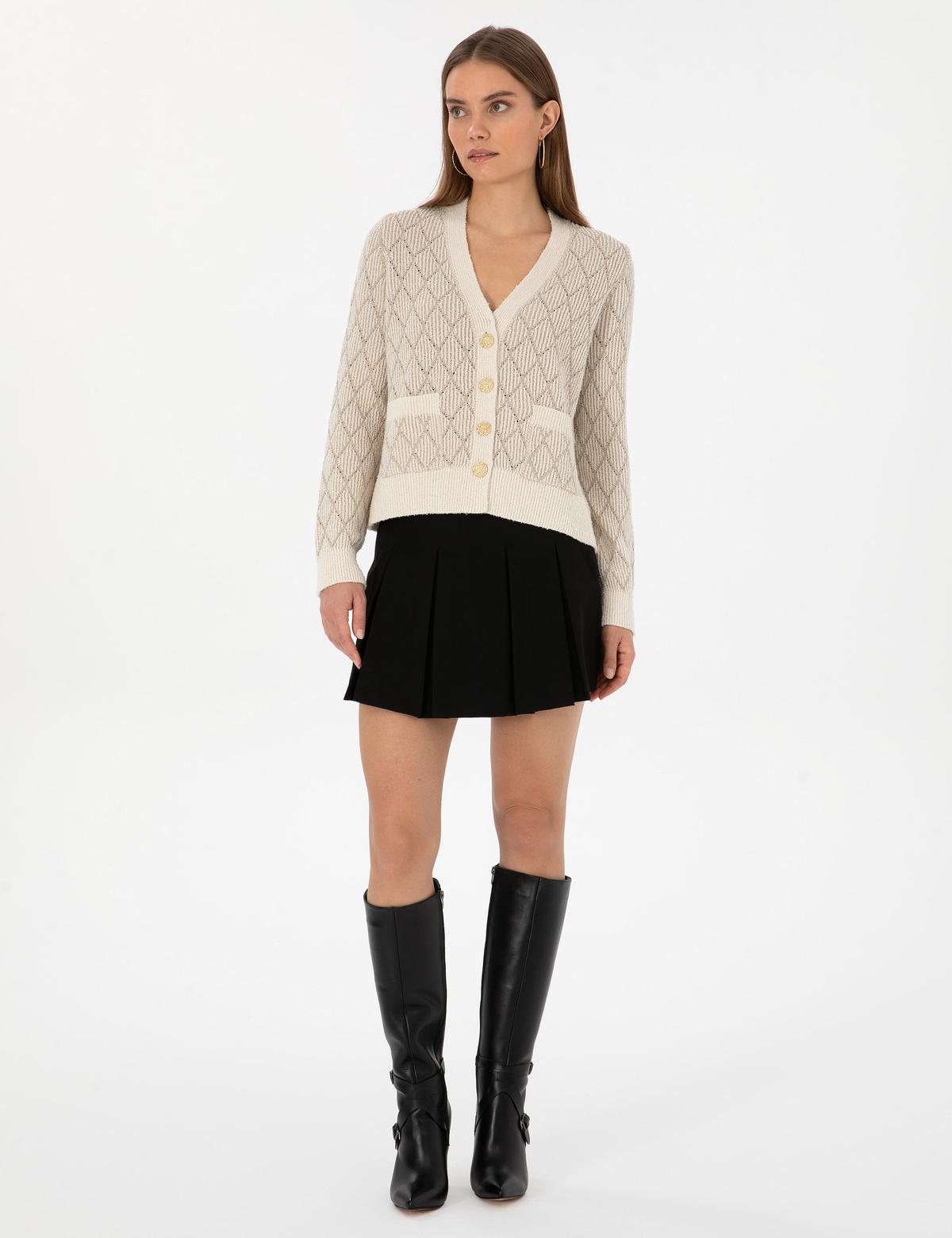 Ekru Regular Fit Triko Hırka - 50310988004