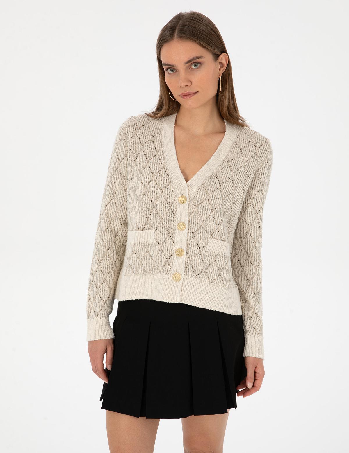 Ekru Regular Fit Triko Hırka - 50310988004