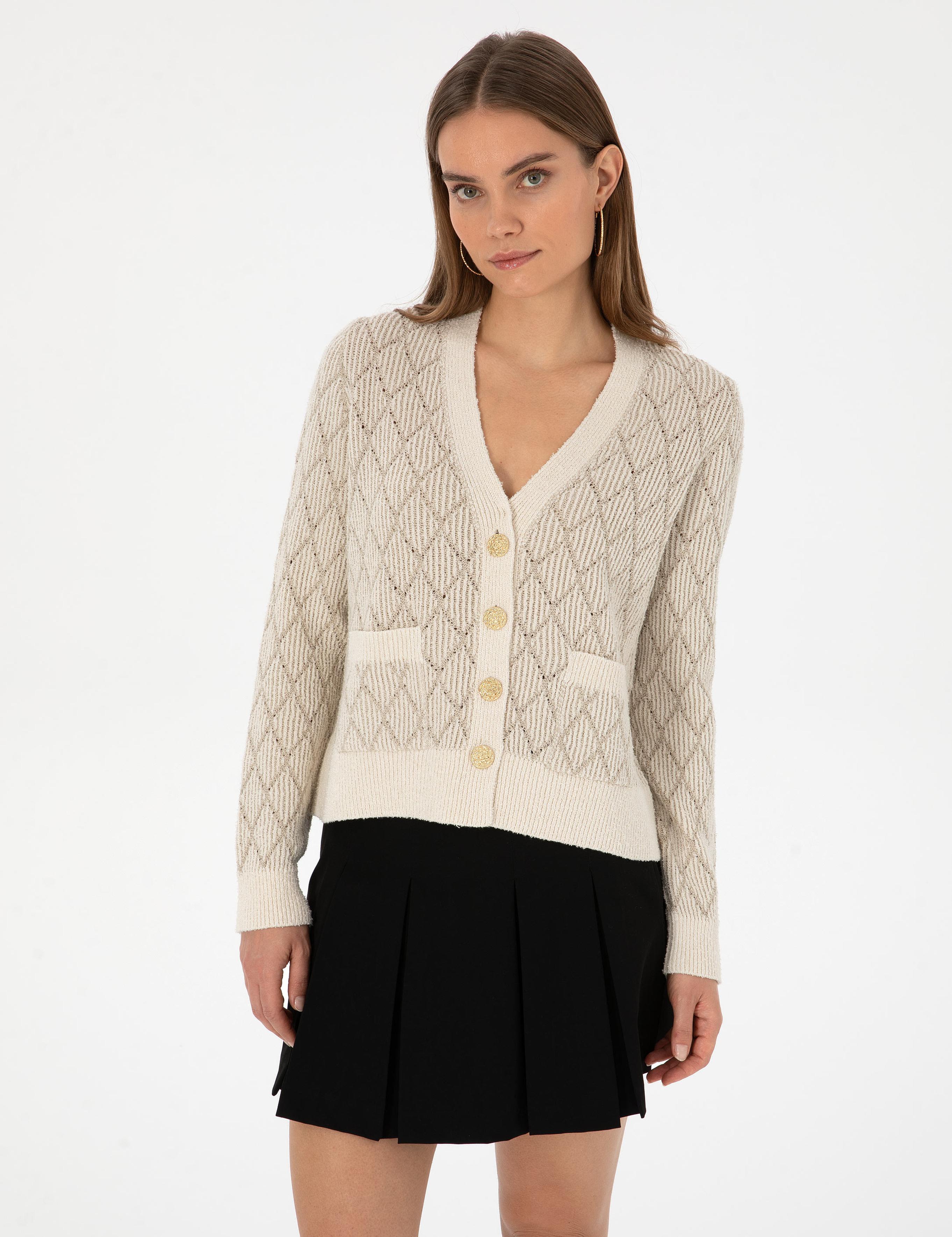 Ekru Regular Fit Triko Hırka