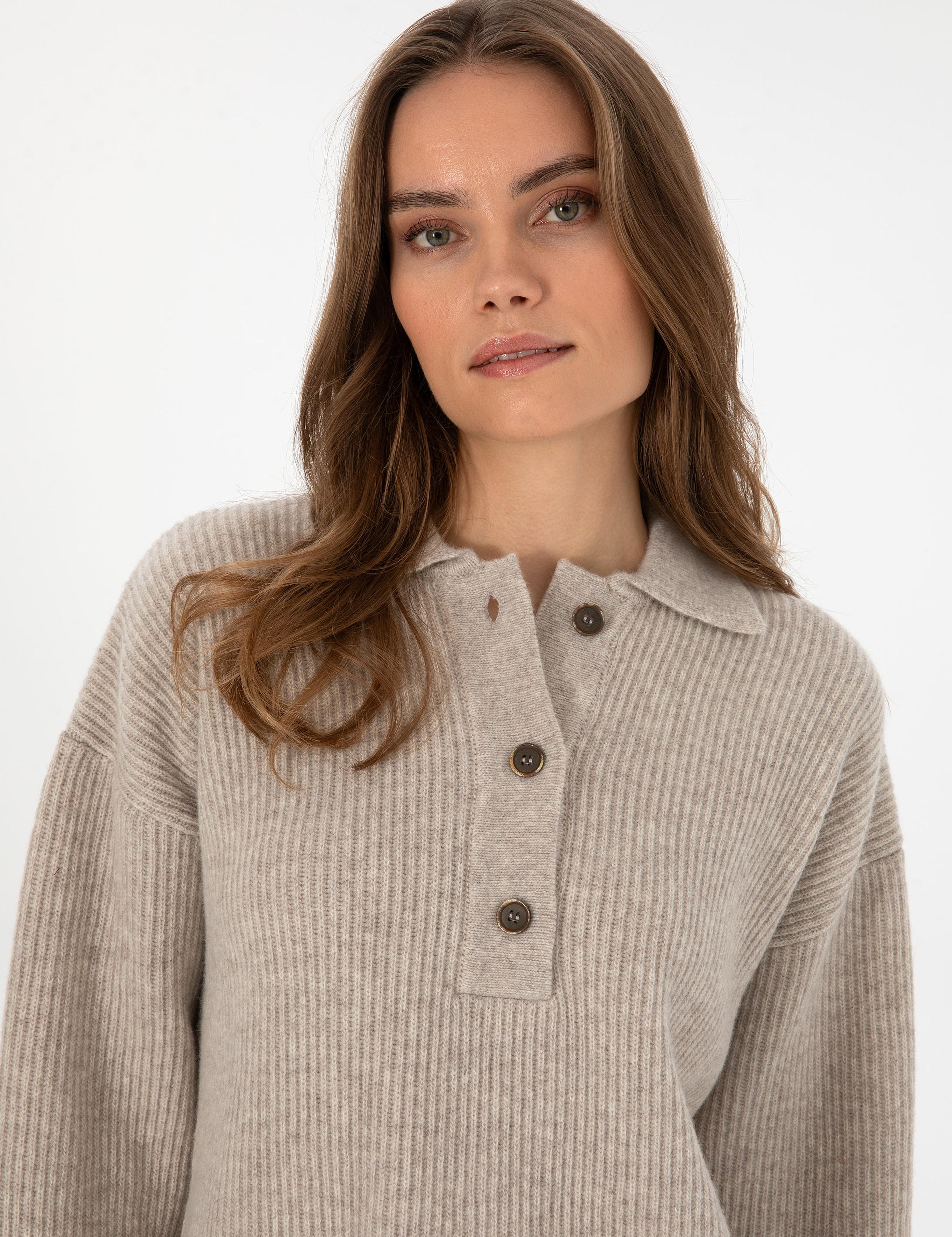 Bej Comfort Fit Yün Polo Yaka Kazak