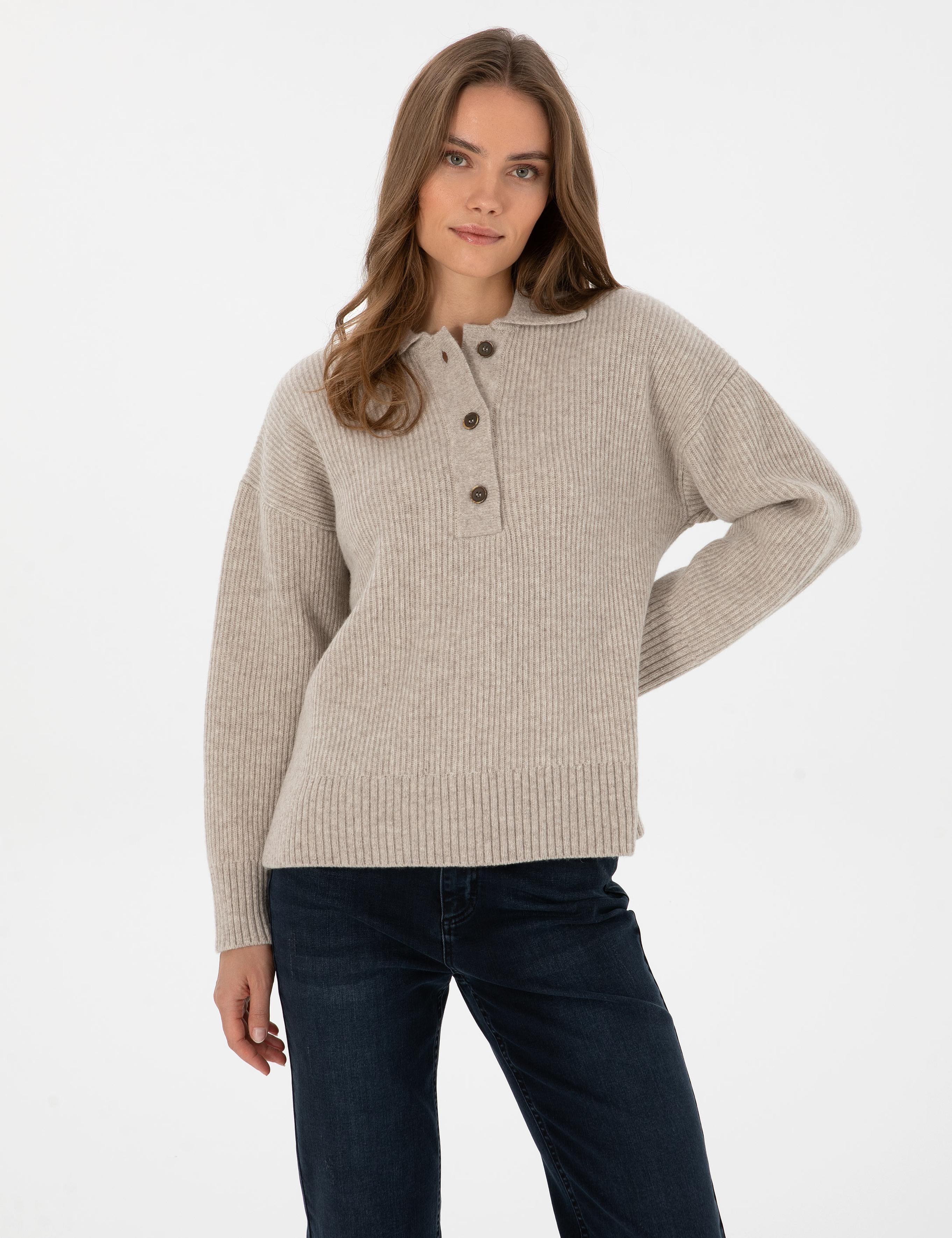 Bej Comfort Fit Yün Polo Yaka Kazak