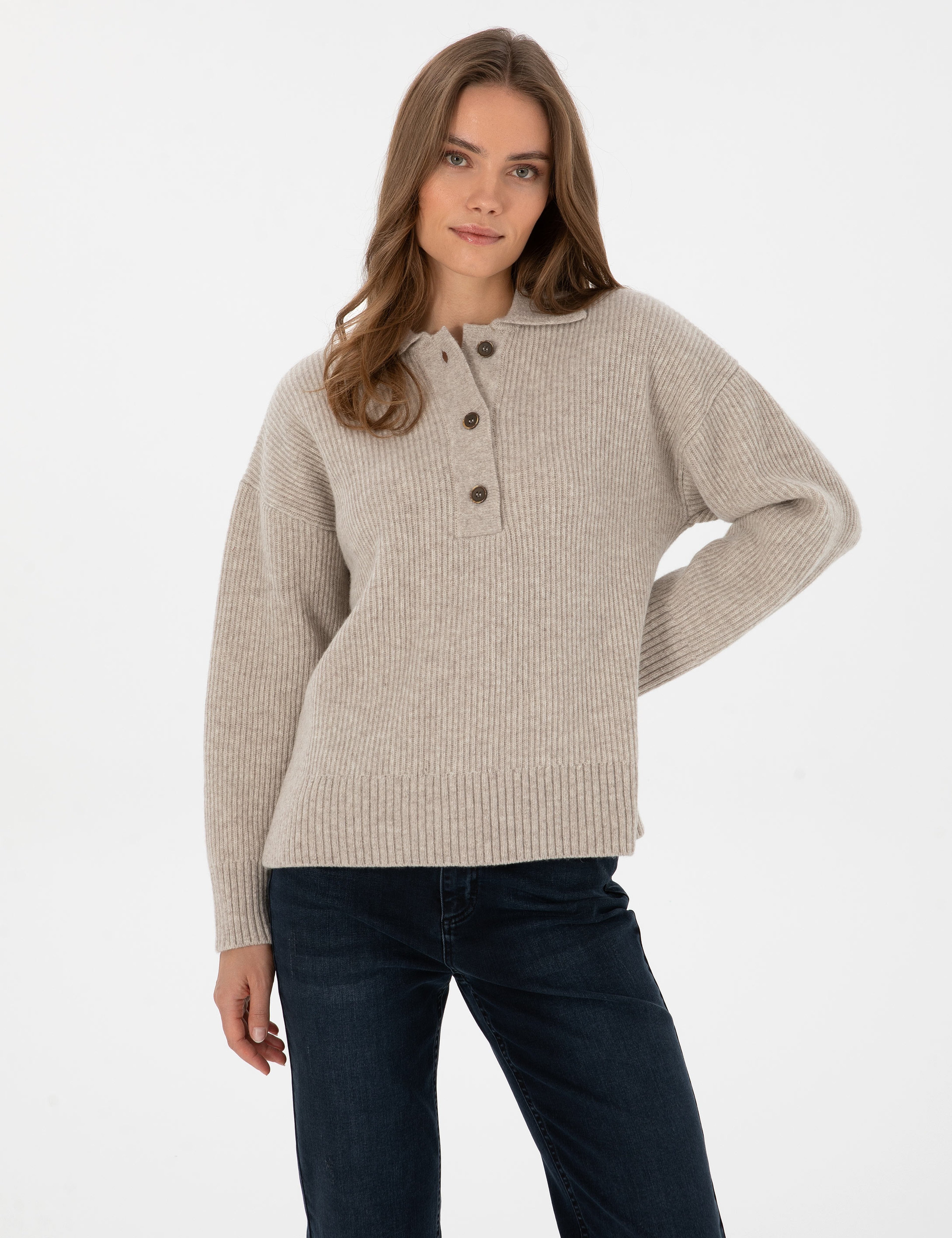 Bej Comfort Fit Yün Polo Yaka Kazak - Image 3