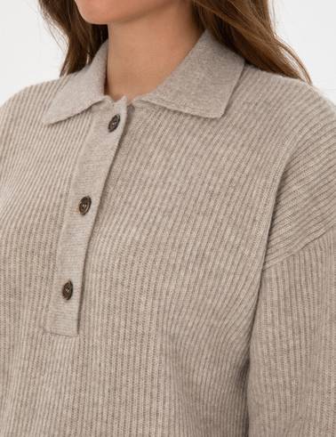 Bej Comfort Fit Yün Polo Yaka Kazak