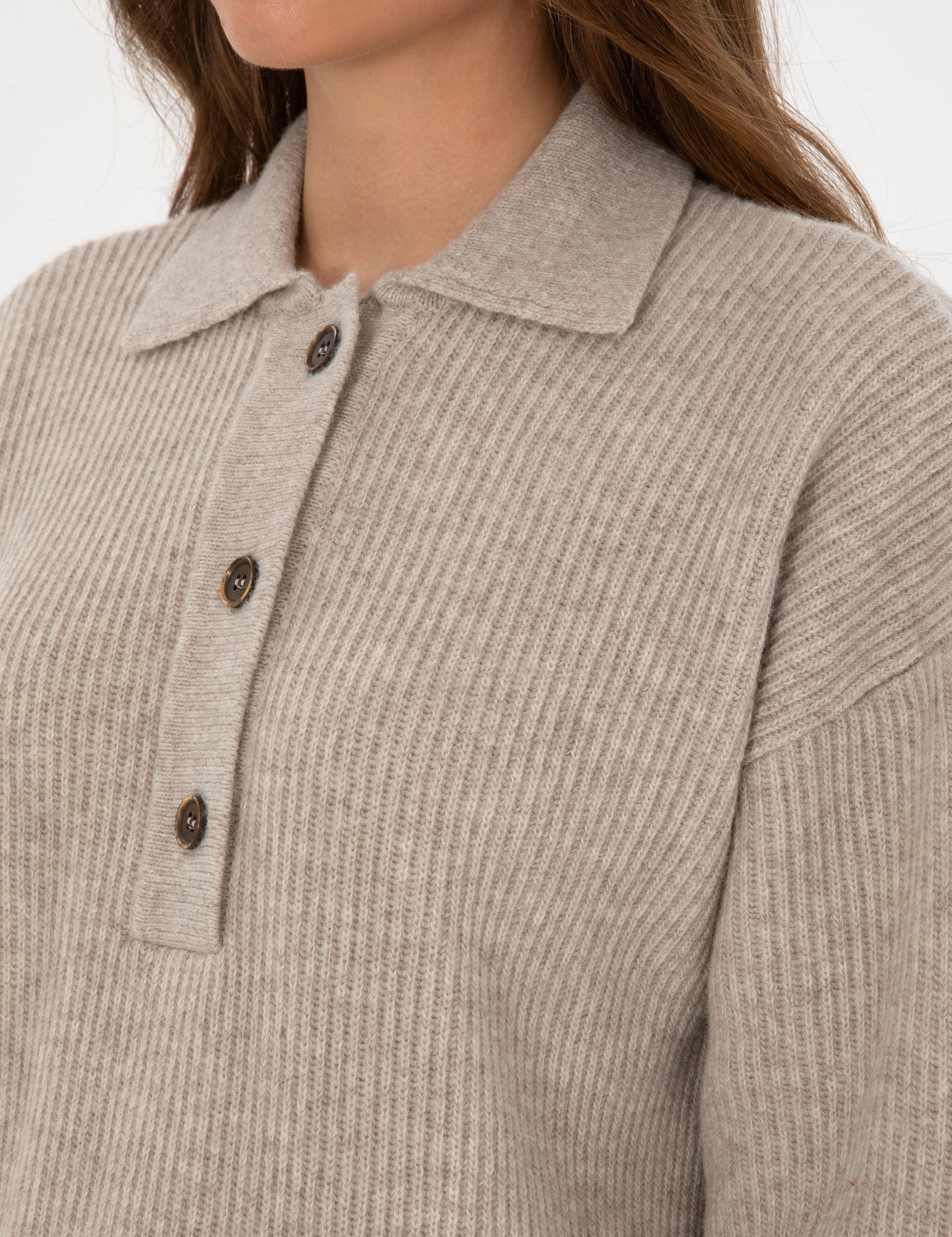 Bej Comfort Fit Yün Polo Yaka Kazak - Image 6
