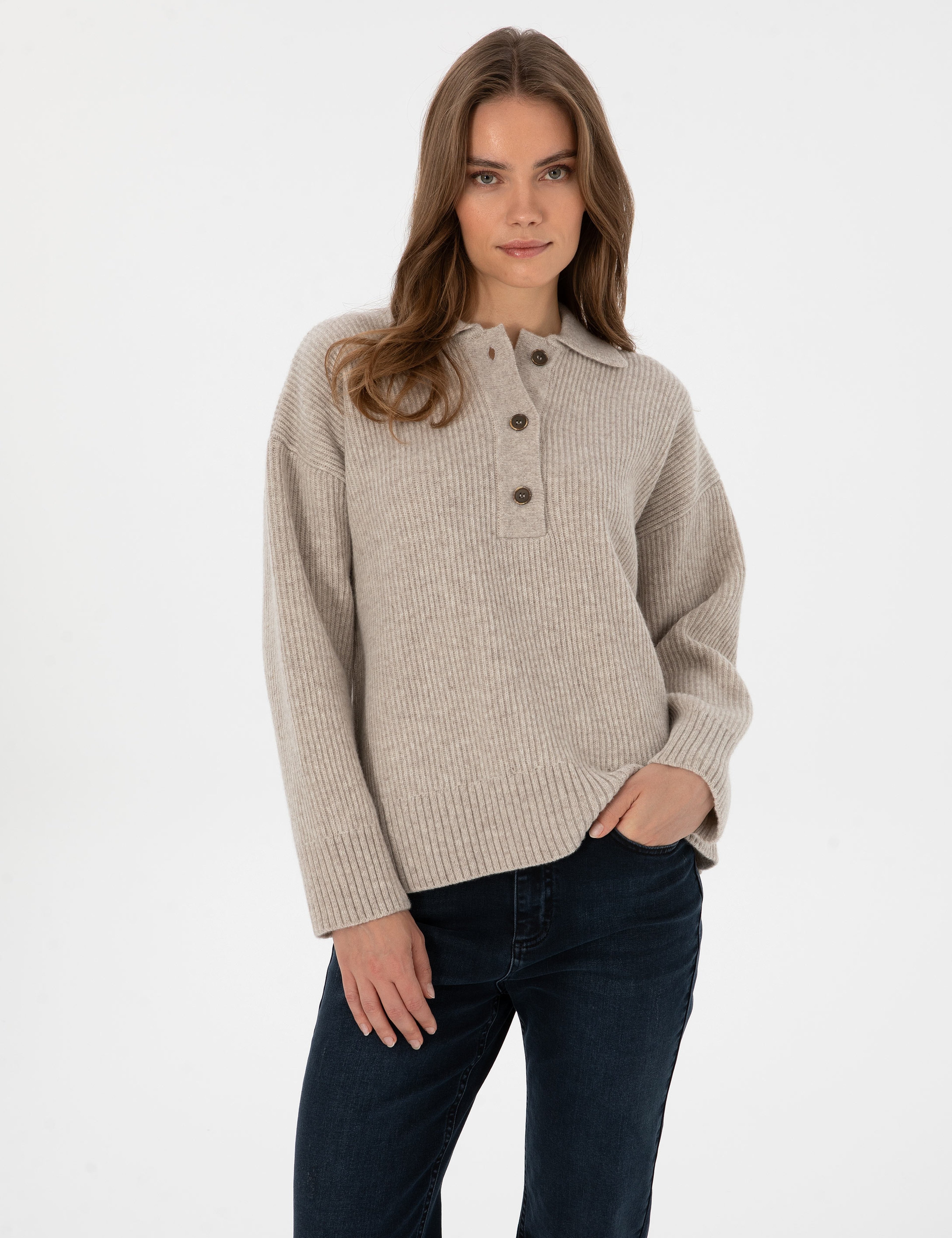 Bej Comfort Fit Yün Polo Yaka Kazak - Image 1