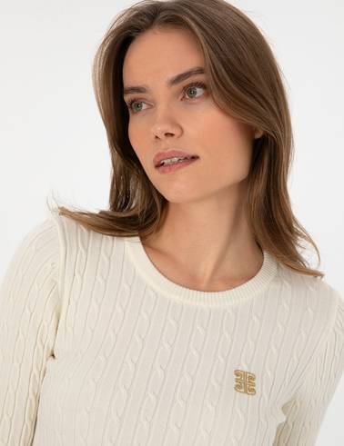 Ekru Slim Fit Bisiklet Yaka Basic Kazak