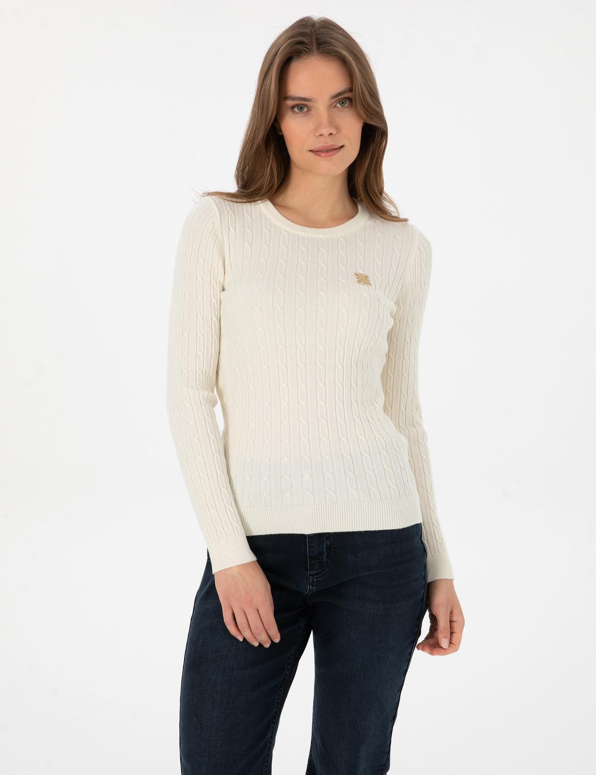 Ekru Slim Fit Bisiklet Yaka Basic Kazak