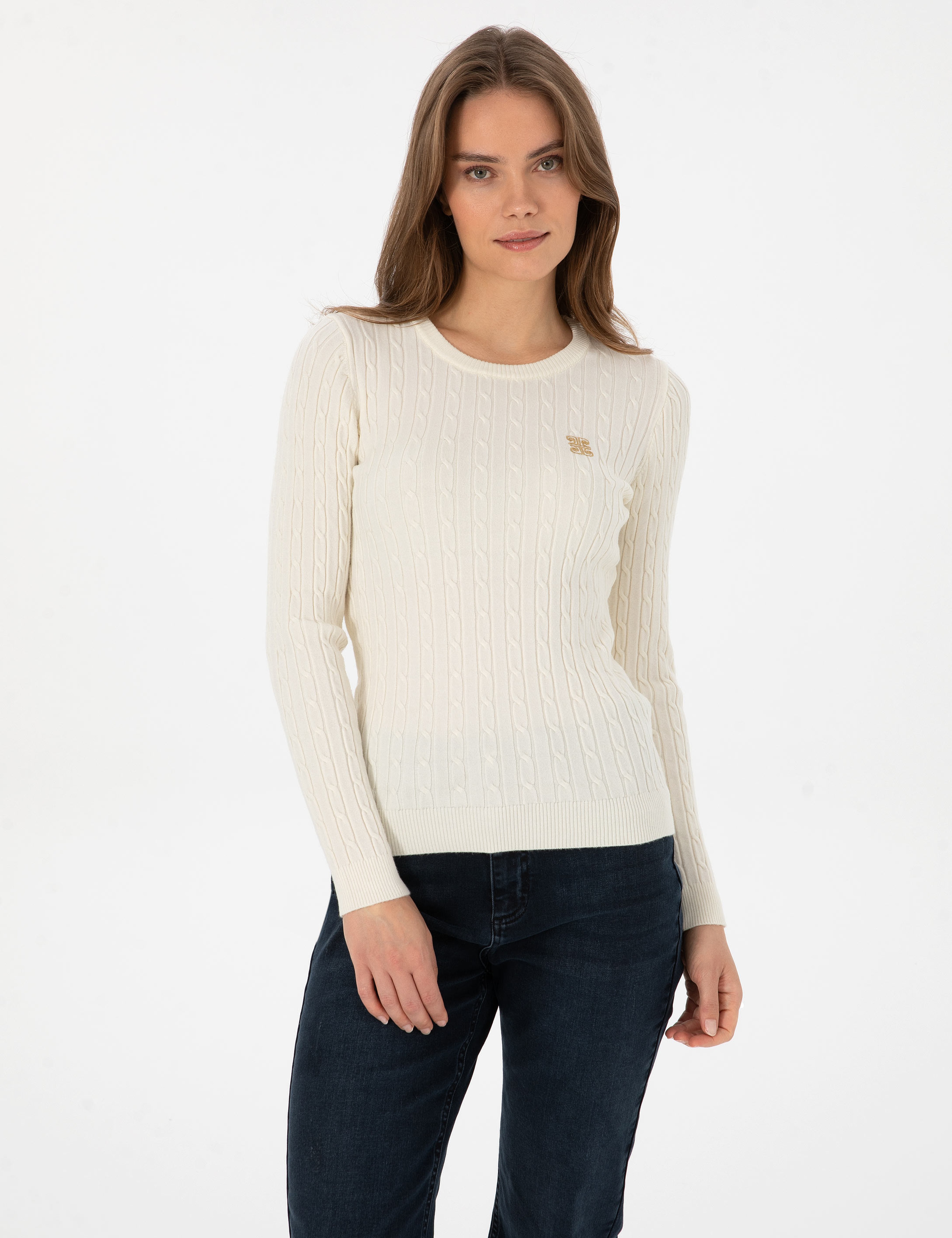 Ekru Slim Fit Bisiklet Yaka Basic Kazak