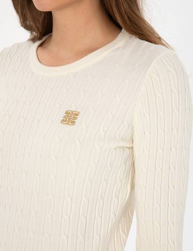 Ekru Slim Fit Bisiklet Yaka Basic Kazak