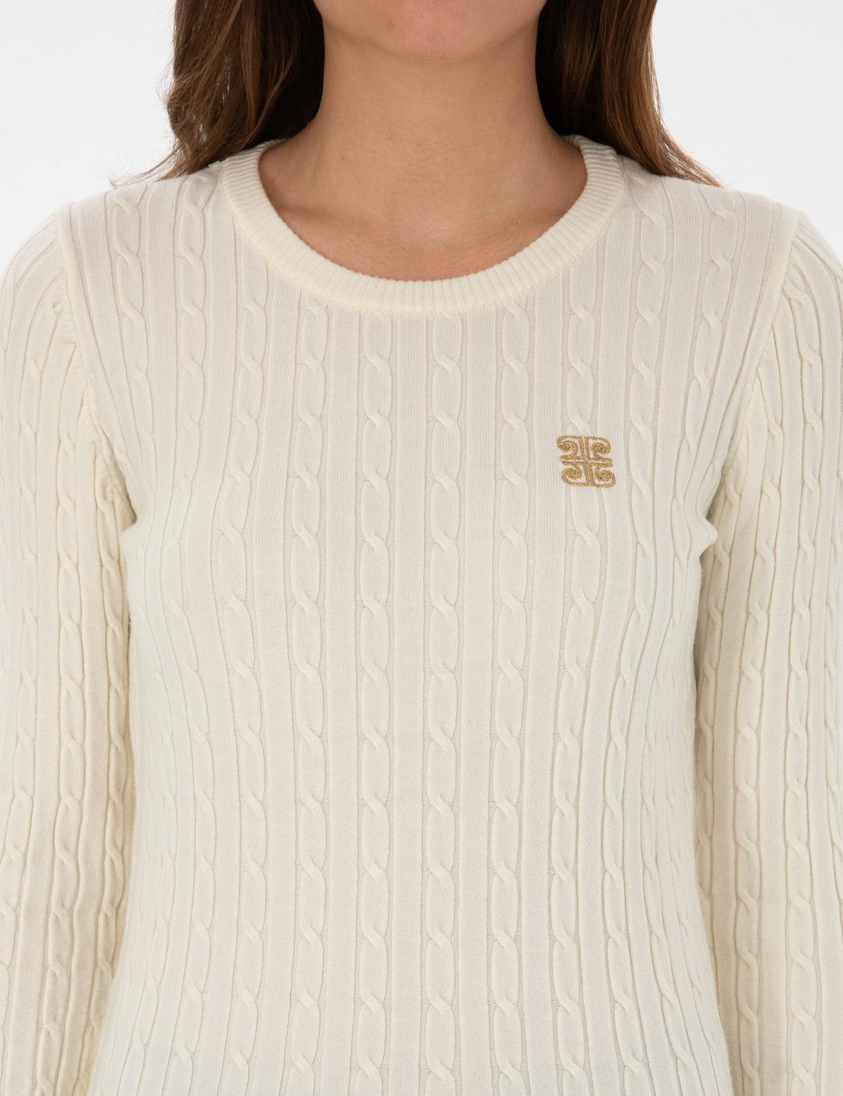 Ekru Slim Fit Bisiklet Yaka Basic Kazak - 50317072006